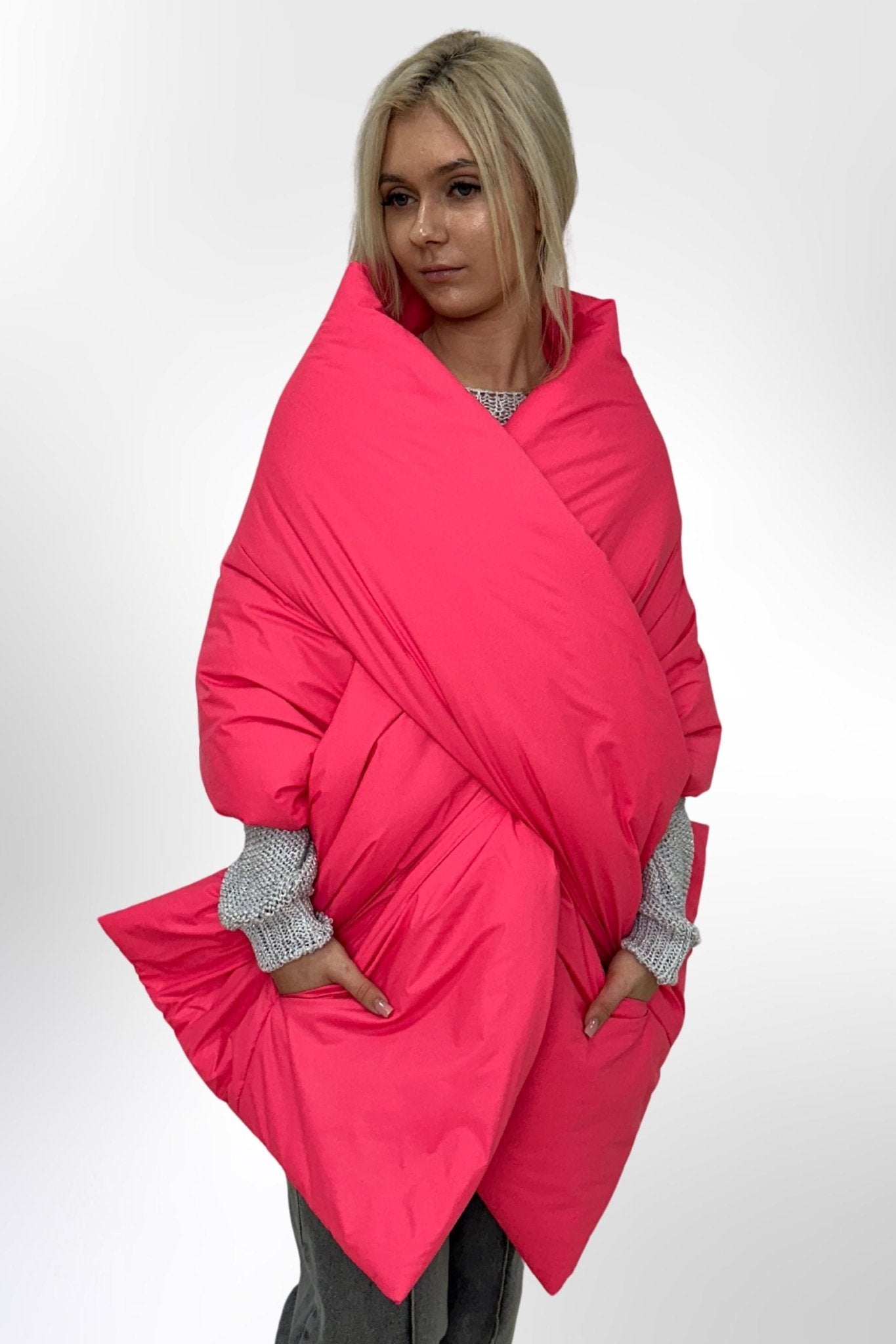 Beige Puffer Large Scarf 20x85in with 2 pockets Blanket Shawl Cape Around Shoulders Wrap Warm Winter Gift - FAVORITTI