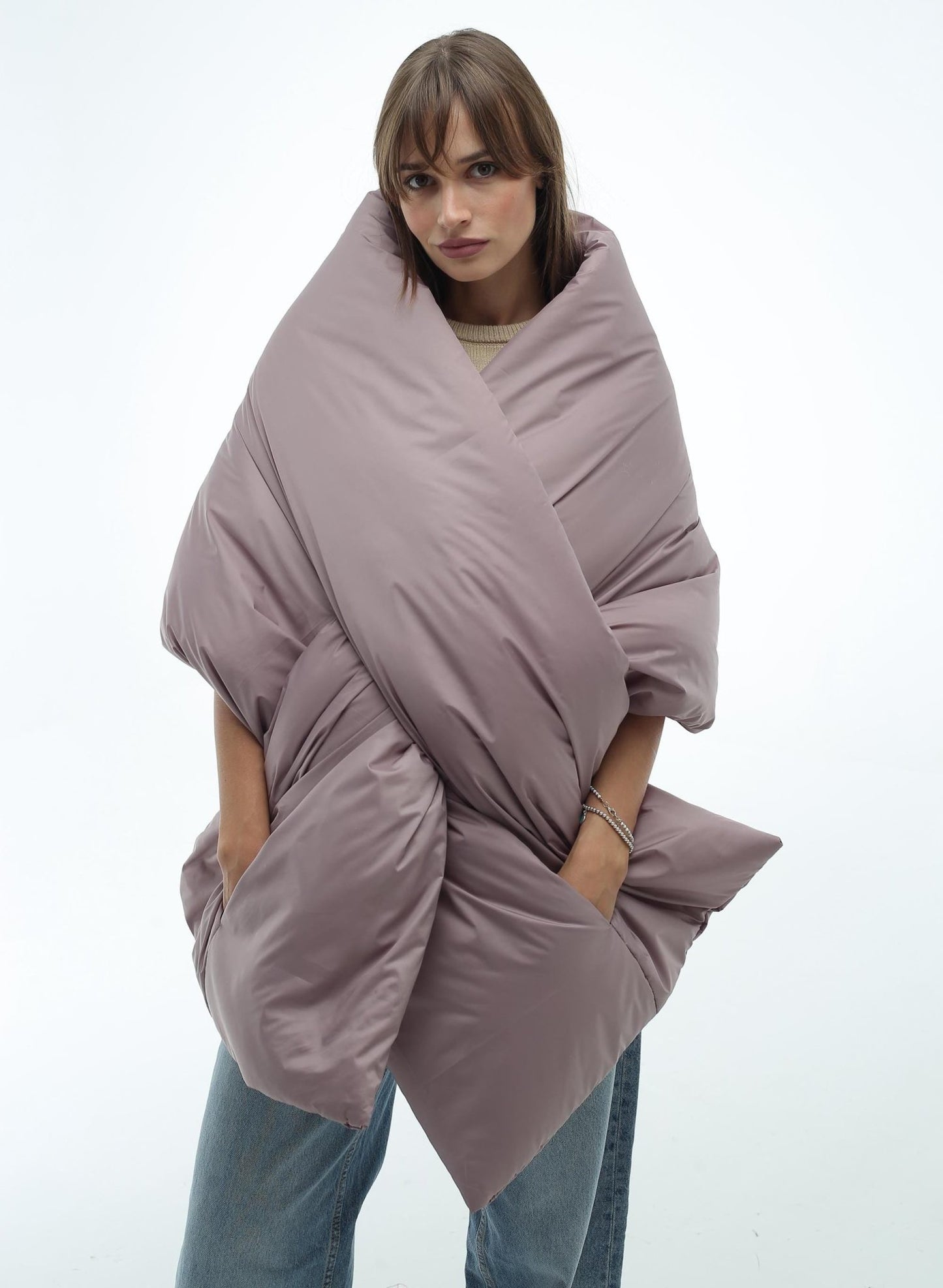 Beige Puffer Large Scarf 20x85in with 2 pockets Blanket Shawl Cape Around Shoulders Wrap Warm Winter Gift More Colors - FAVORITTI