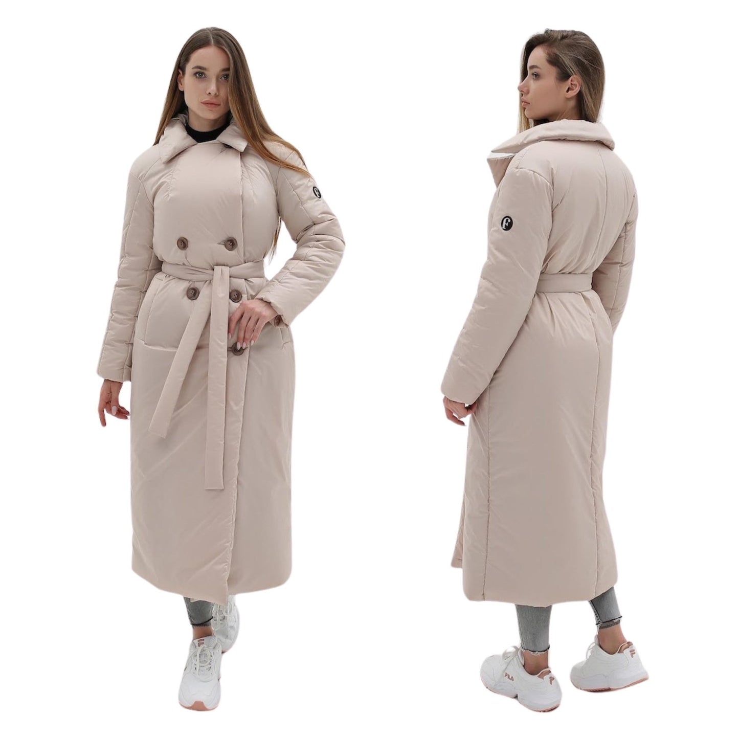 Beige Puffy Coat for Women, Maxi Long Winter Jacket, Belted Warm Outerwear Плащ - пуховик ПВ - 1308 Лаке Тон 88 + Тон 89Д - FAVORITTI