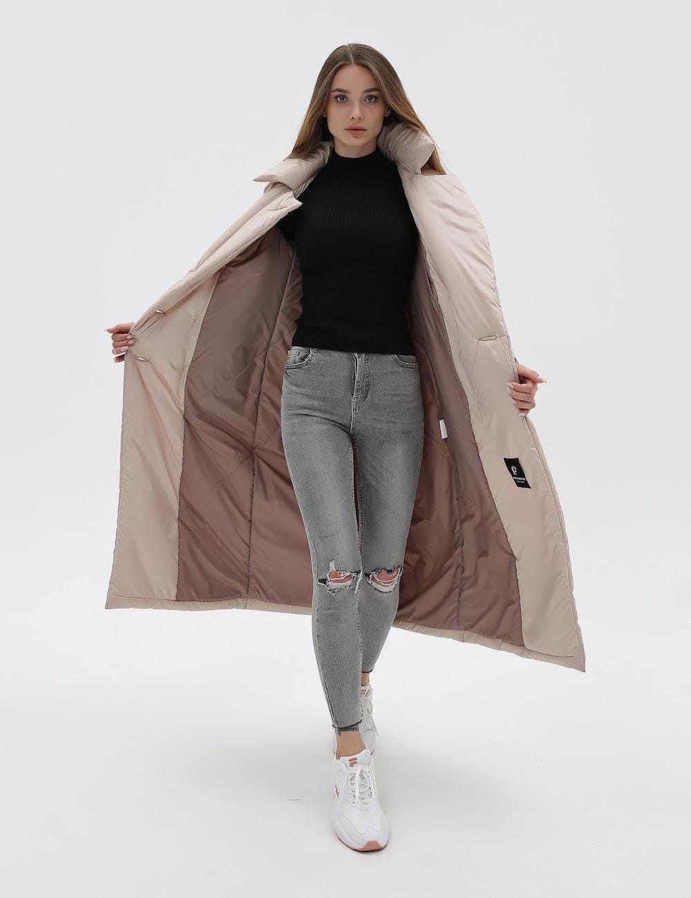 Beige Puffy Coat for Women, Maxi Long Winter Jacket, Belted Warm Outerwear Плащ - пуховик ПВ - 1308 Лаке Тон 88 + Тон 89Д - FAVORITTI