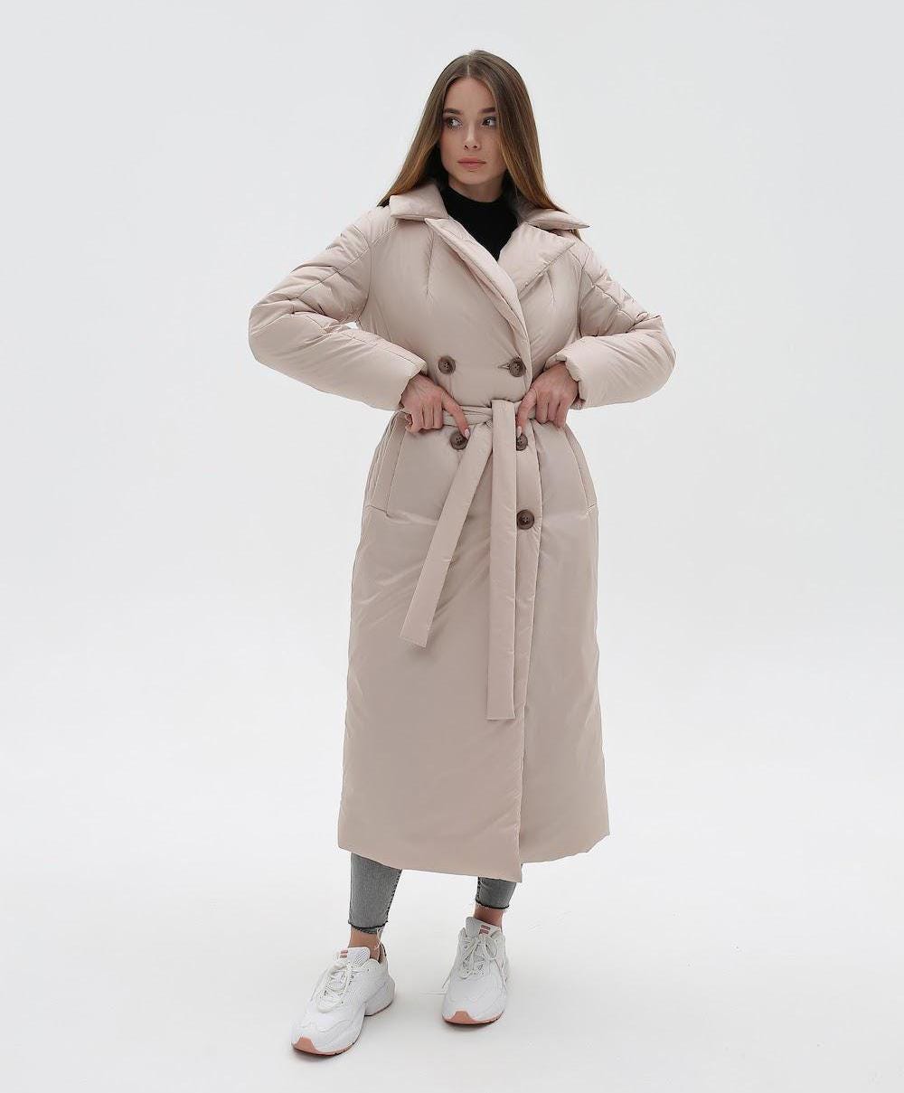 Beige Puffy Coat for Women, Maxi Long Winter Jacket, Belted Warm Outerwear Плащ - пуховик ПВ - 1308 Лаке Тон 88 + Тон 89Д - FAVORITTI