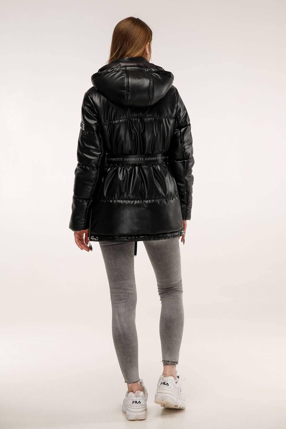 Black Faux Leather Puffer Jacket with Hoodie Windproof Winter Coat Куртка В - 1299 Экокожа Тон 21 - FAVORITTI