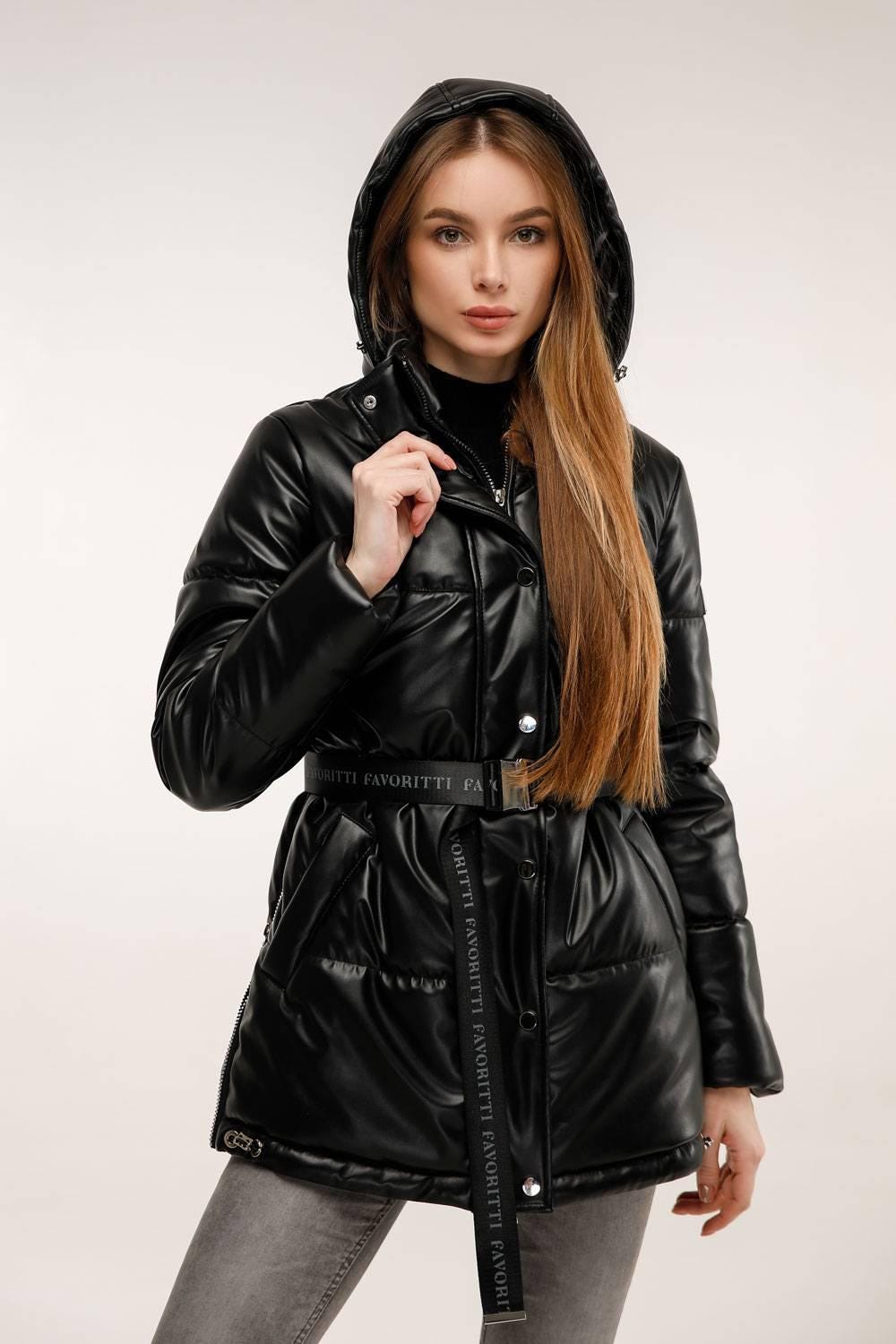 Black Faux Leather Puffer Jacket with Hoodie Windproof Winter Coat Куртка В - 1299 Экокожа Тон 21 - FAVORITTI