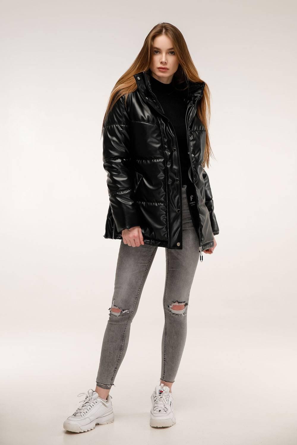 Black Faux Leather Puffer Jacket with Hoodie Windproof Winter Coat Куртка В - 1299 Экокожа Тон 21 - FAVORITTI