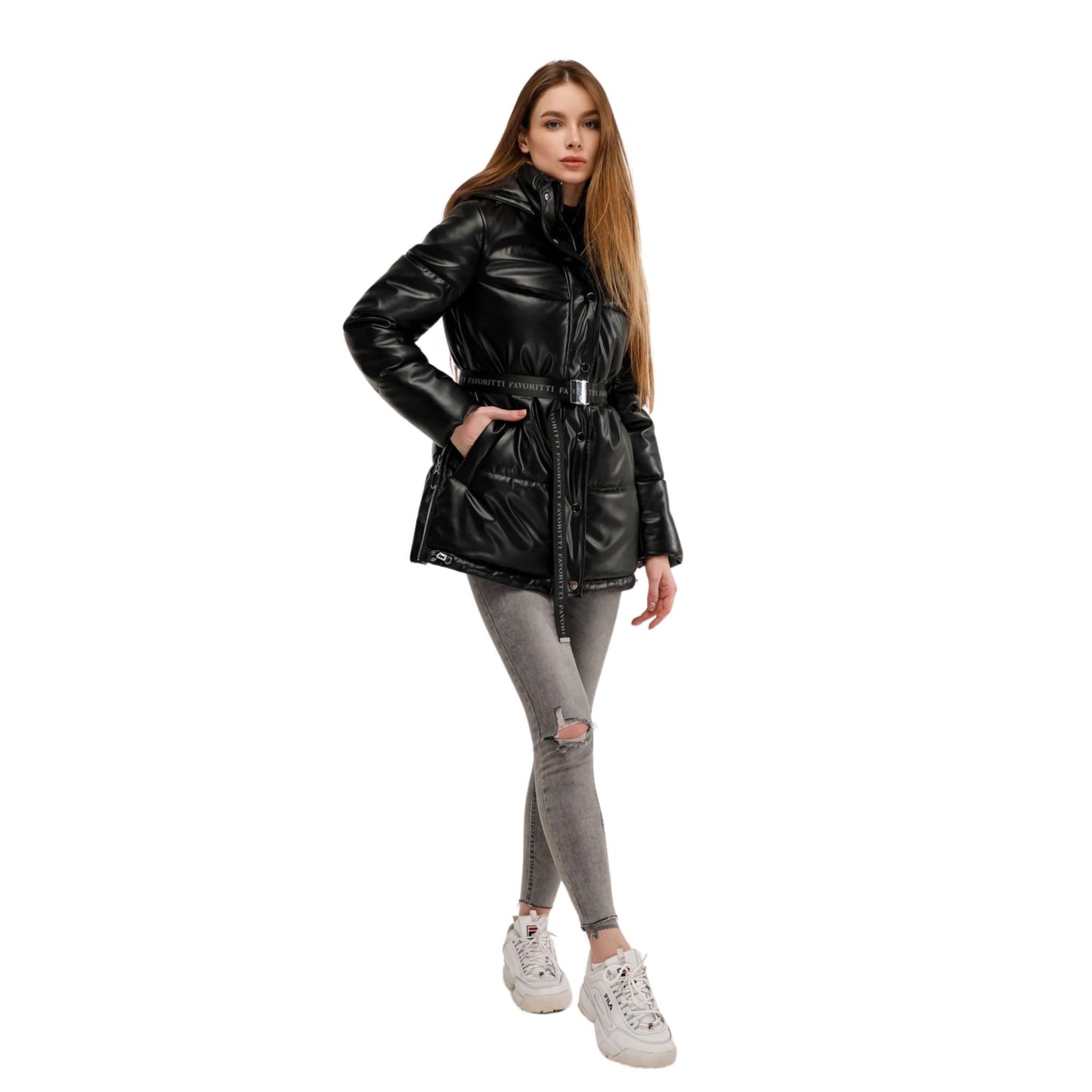 Black Faux Leather Puffer Jacket with Hoodie Windproof Winter Coat Куртка В - 1299 Экокожа Тон 21 - FAVORITTI