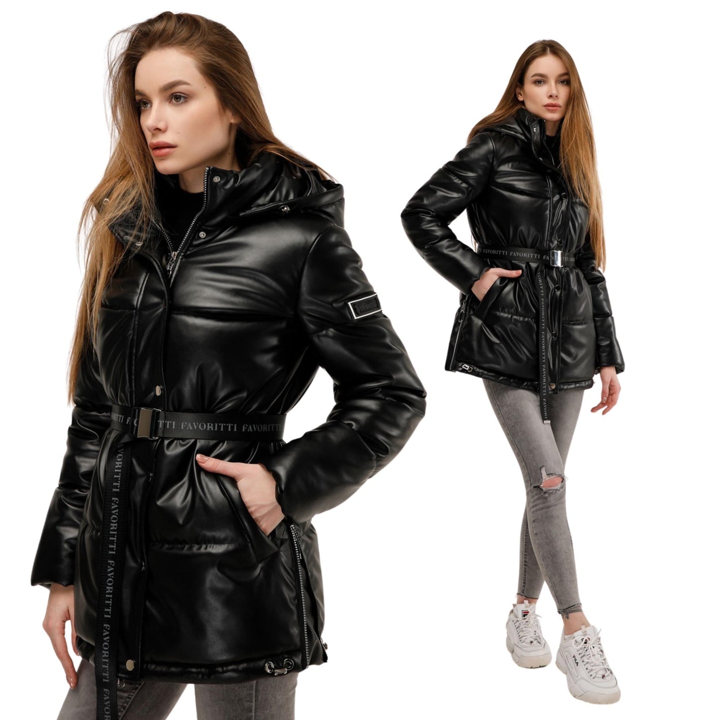 Black Faux Leather Puffer Jacket with Hoodie Windproof Winter Coat Куртка В - 1299 Экокожа Тон 21 - FAVORITTI