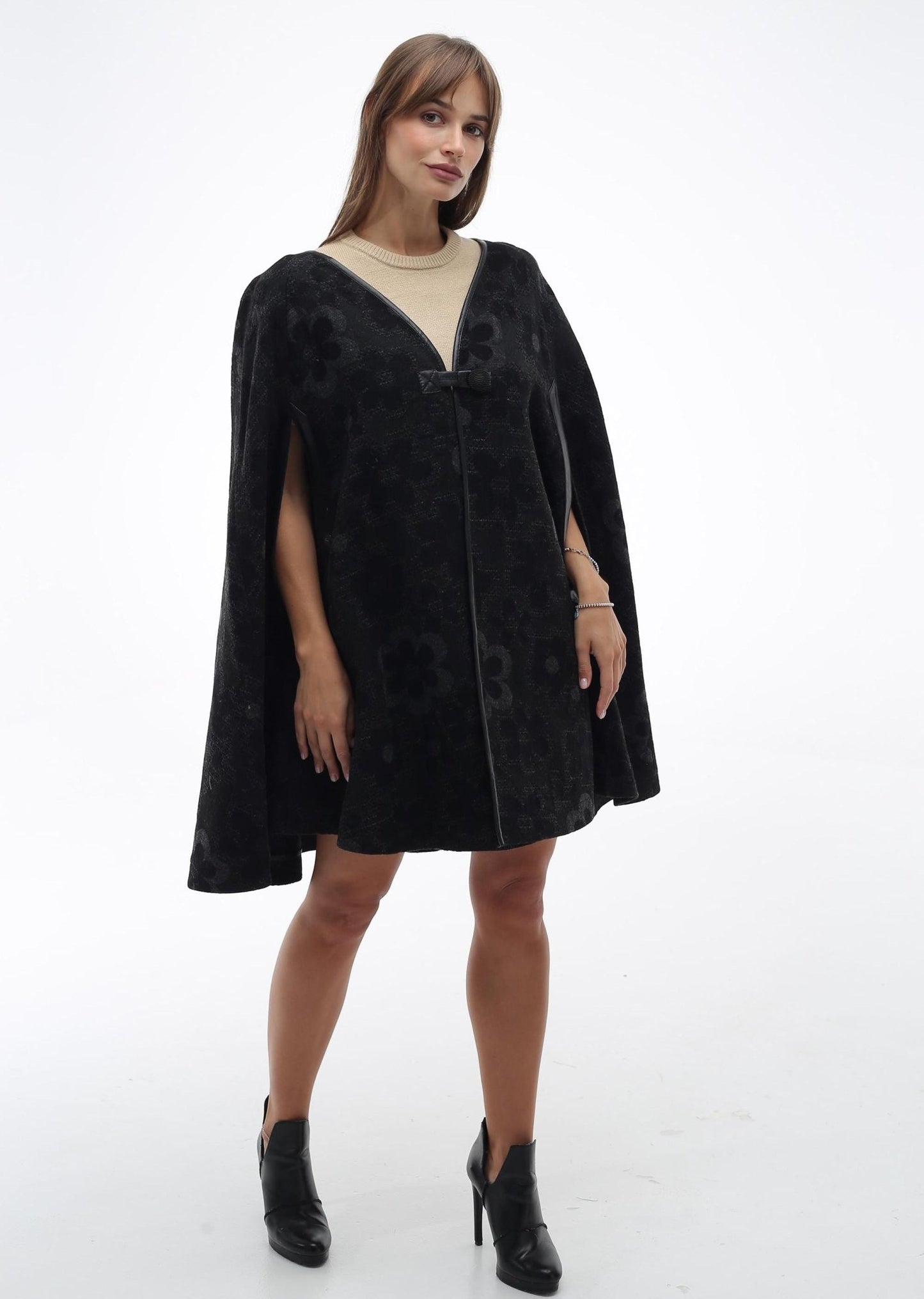 Black Floral Wool Cape Women Loose Fit Cozy Stylish Oversized Coat - FAVORITTI