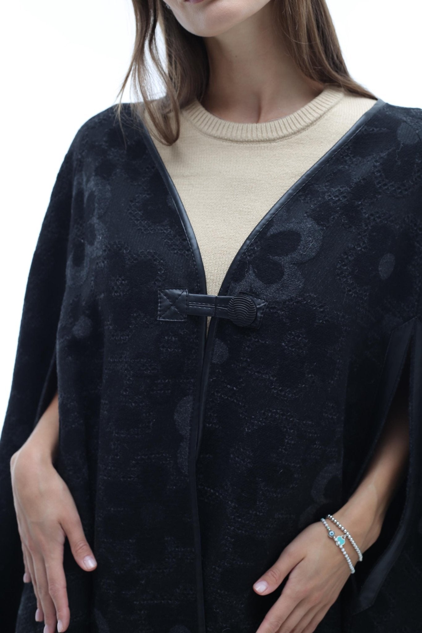 Black Floral Wool Cape Women Loose Fit Cozy Stylish Oversized Coat - FAVORITTI