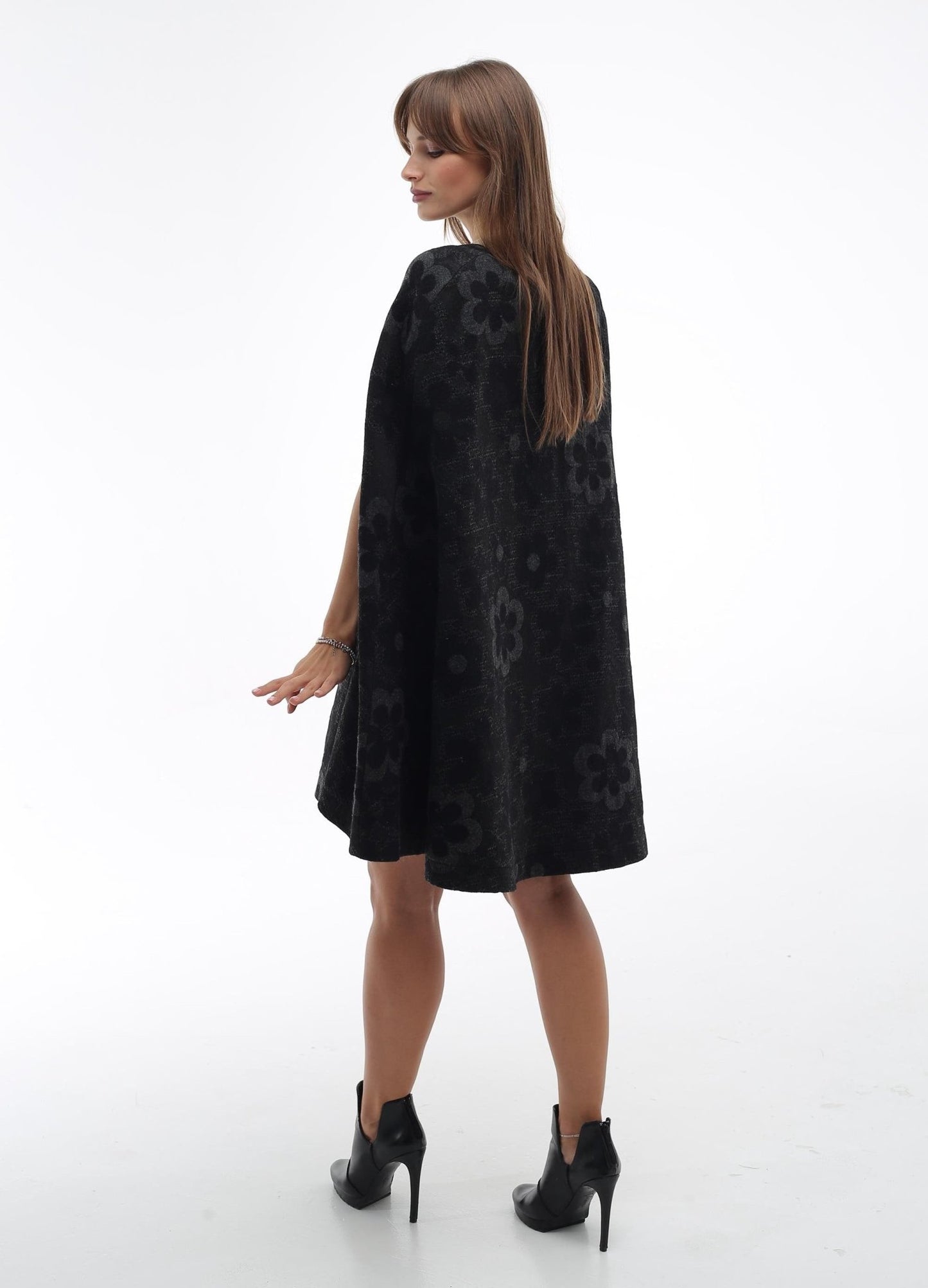 Black Floral Wool Cape Women Loose Fit Cozy Stylish Oversized Coat - FAVORITTI