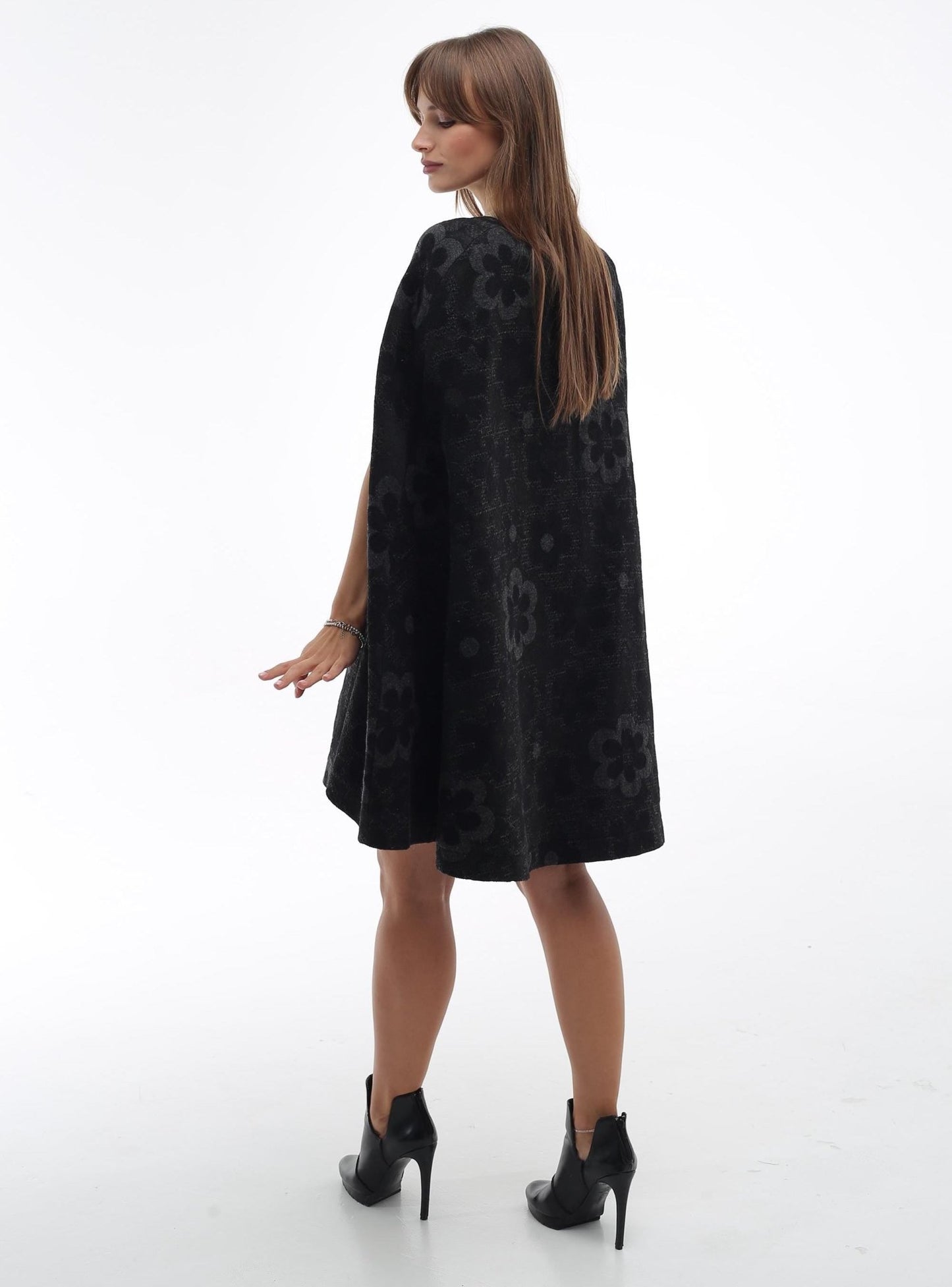 Black Floral Wool Cape Women Loose Fit Cozy Stylish Oversized Coat - FAVORITTI