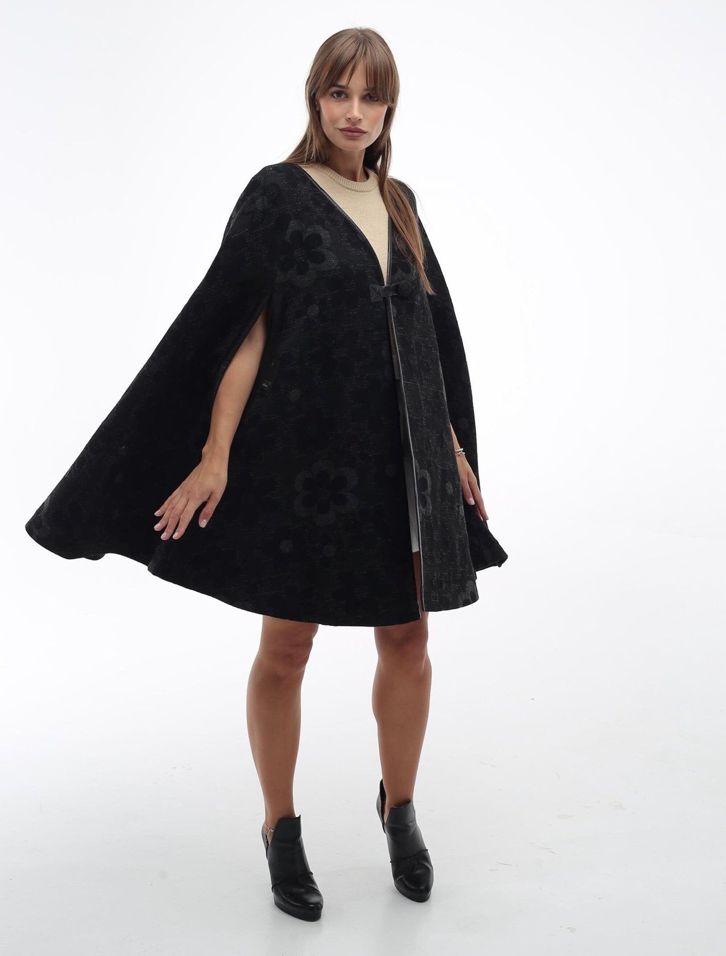 Black Floral Wool Cape Women Loose Fit Cozy Stylish Oversized Coat - FAVORITTI