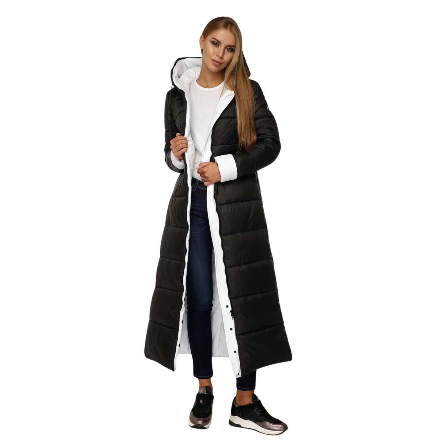 Black Maxi Long Puffer Coat With Hood Women Waterproof and Windproof Winter Jacket Пуховик ПВ - 1202 Лаке Тон 21 + Тон 1 - FAVORITTI