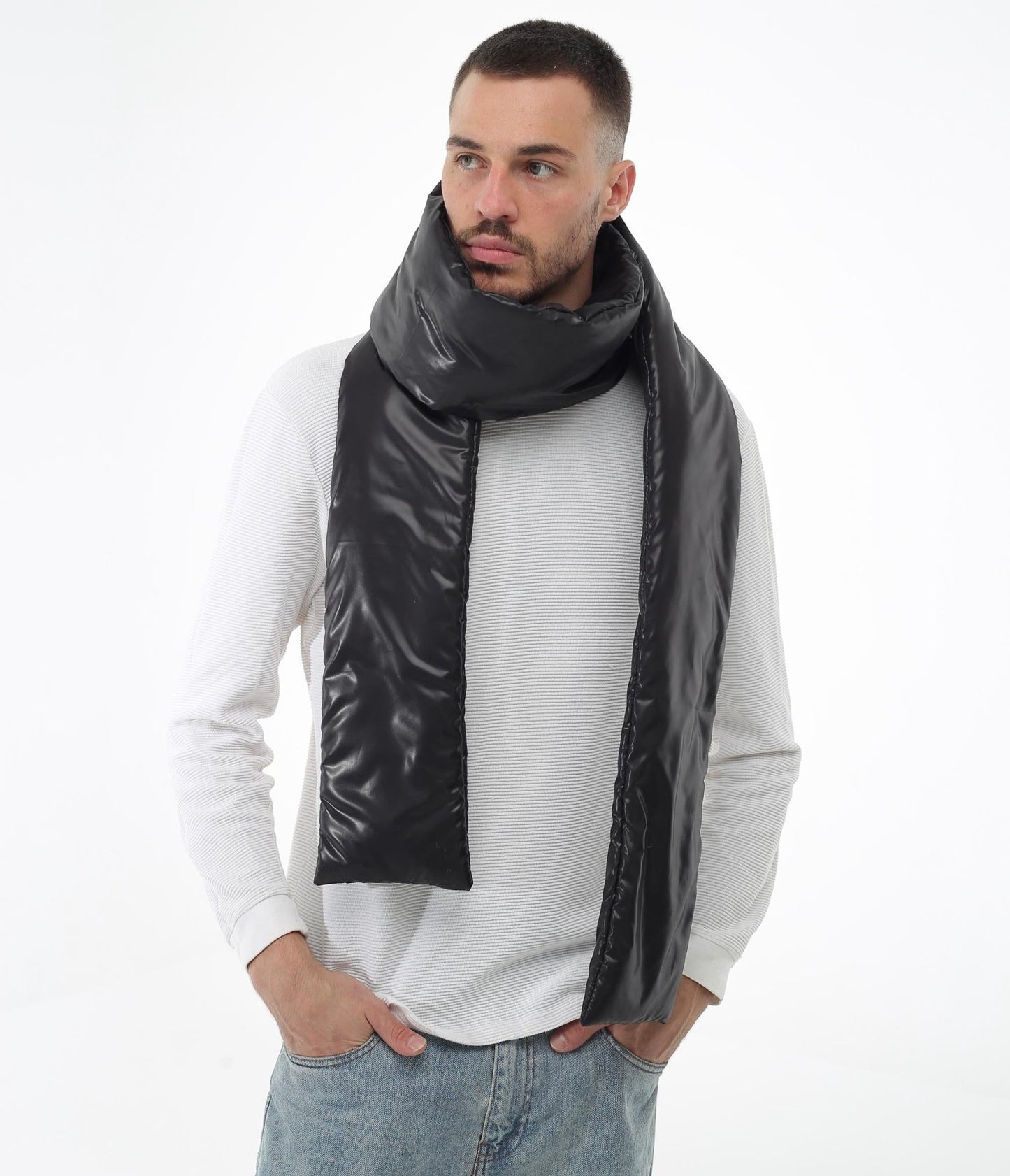 Black Men's Puffer Scarf 6x90in Windproof Insulated Winter Essential - FAVORITTI