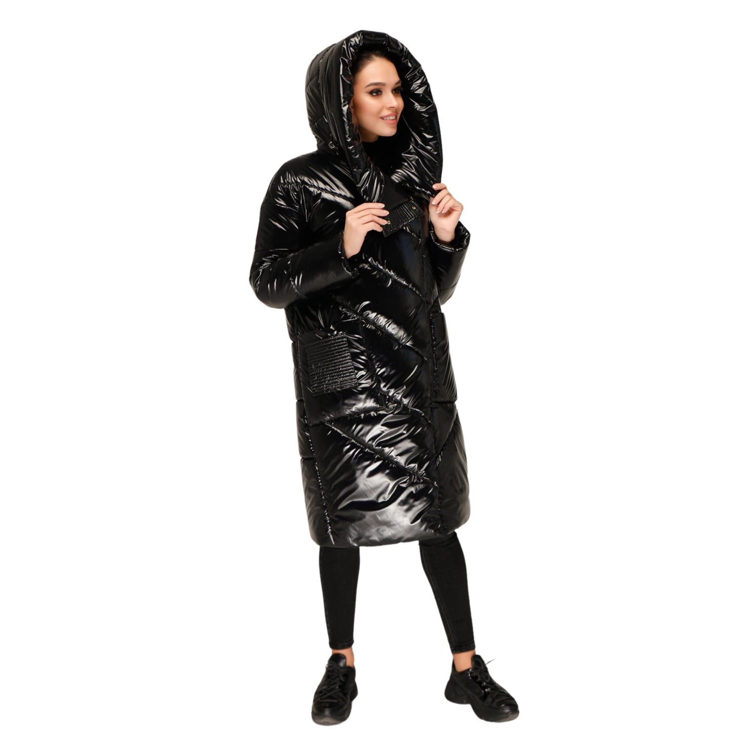 Black Puffer Padded Hoodie Coat Womens Down Jacket Пуховик ПВ - 1255 Лак Тон 16 - FAVORITTI