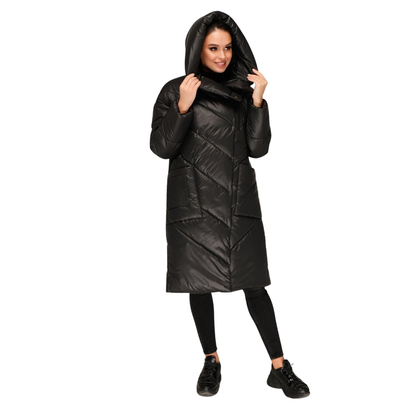 Black Puffer Padded Hoodie Coat Womens Down Jacket Пуховик ПВ - 1255 Лаке Тон 21 - FAVORITTI