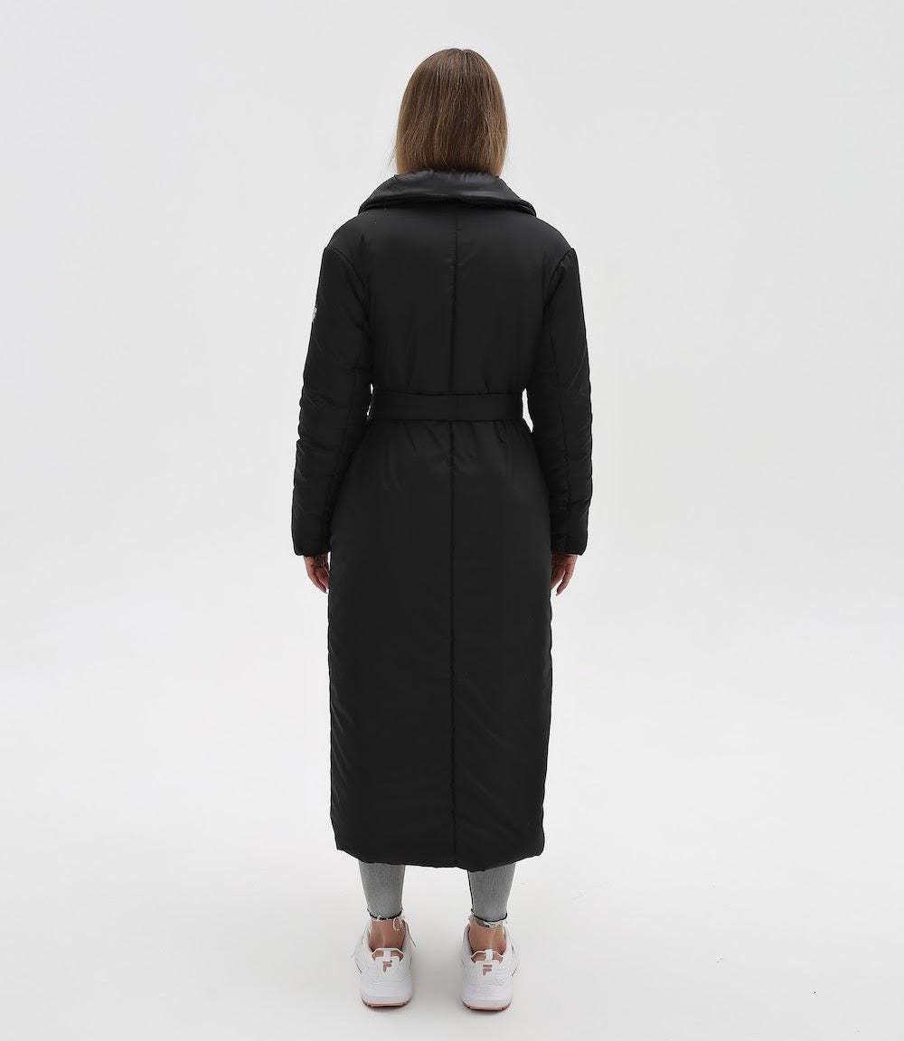Black Puffy Coat for Women, Maxi Long Winter Jacket, Belted Warm Outerwear Плащ - пуховик ПВ - 1308 Лаке Тон 21 + Тон 76 - FAVORITTI