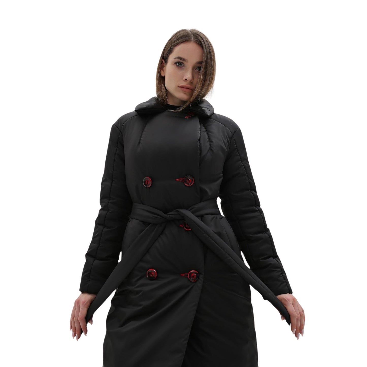 Black Puffy Coat for Women, Maxi Long Winter Jacket, Belted Warm Outerwear Плащ - пуховик ПВ - 1308 Лаке Тон 21 + Тон 76 - FAVORITTI