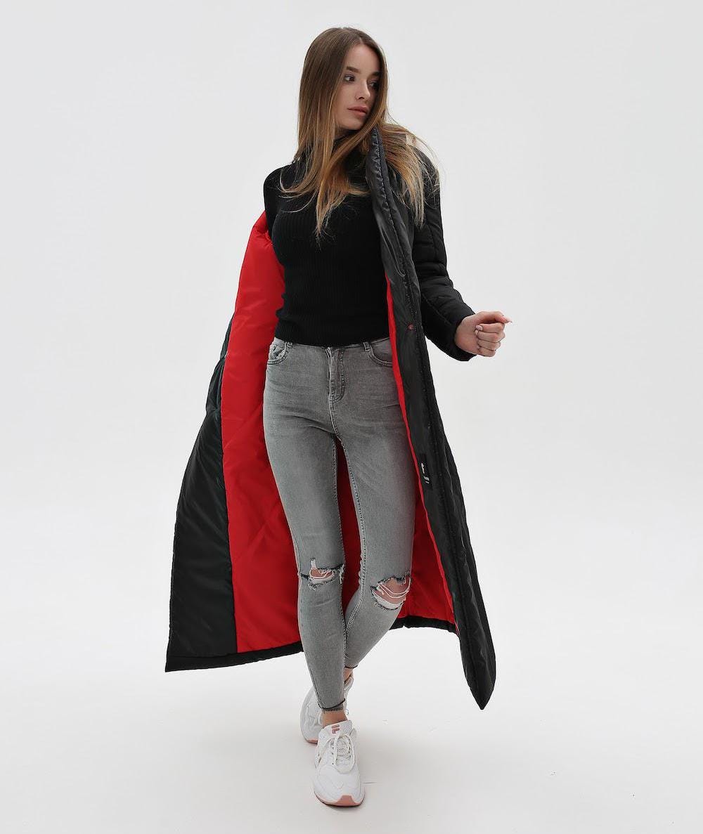 Black Puffy Coat for Women, Maxi Long Winter Jacket, Belted Warm Outerwear Плащ - пуховик ПВ - 1308 Лаке Тон 21 + Тон 76 - FAVORITTI
