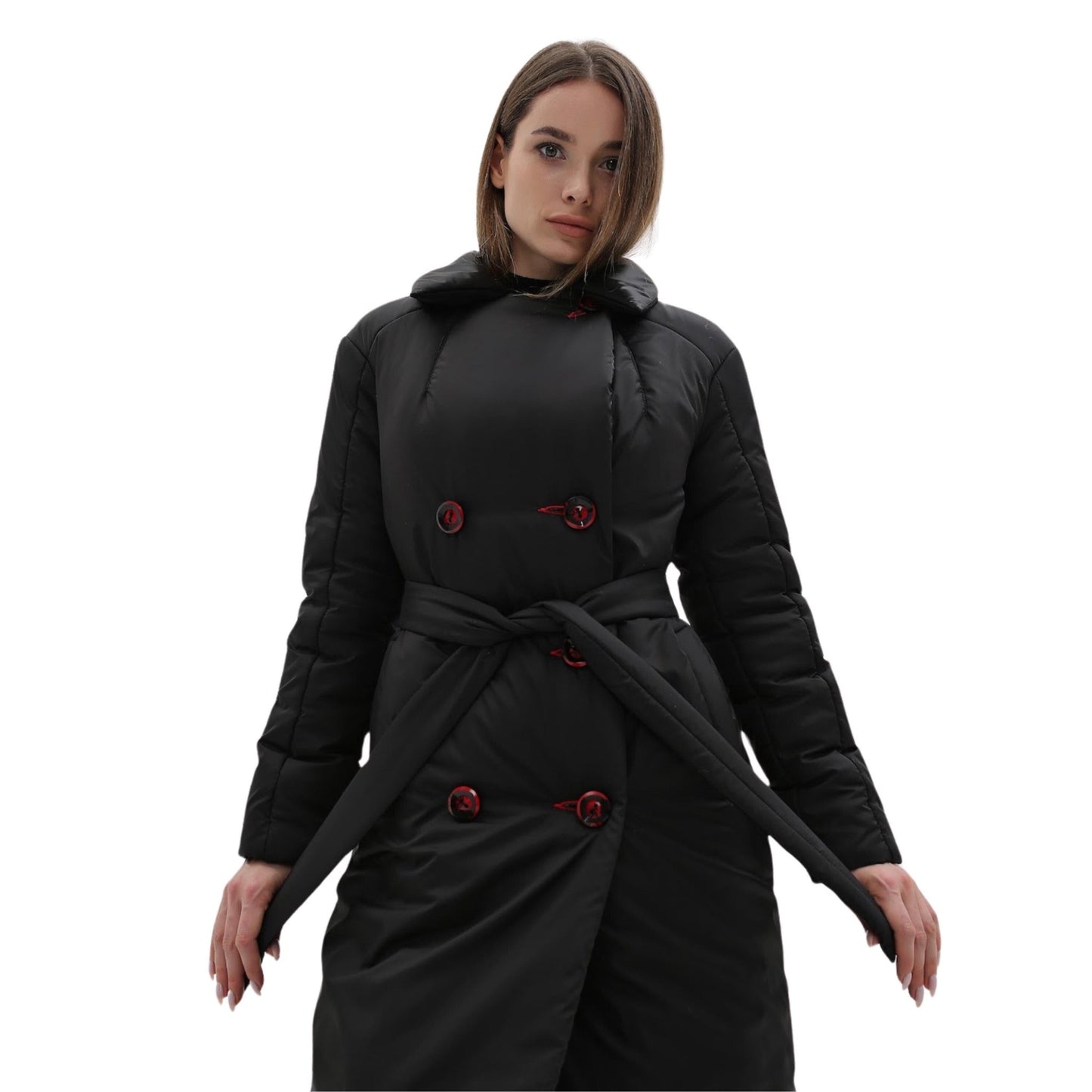 Black Puffy Coat for Women, Maxi Long Winter Jacket, Belted Warm Outerwear Плащ - пуховик ПВ - 1308 Лаке Тон 21 + Тон 76 - FAVORITTI