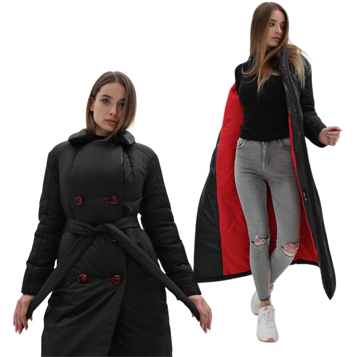 Black Puffy Coat for Women, Maxi Long Winter Jacket, Belted Warm Outerwear Плащ - пуховик ПВ - 1308 Лаке Тон 21 + Тон 76 - FAVORITTI