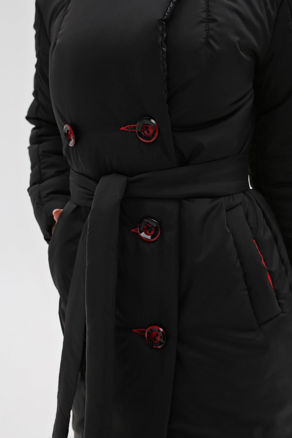 Black Puffy Coat for Women, Maxi Long Winter Jacket, Belted Warm Outerwear Плащ - пуховик ПВ - 1308 Лаке Тон 21 + Тон 76 - FAVORITTI