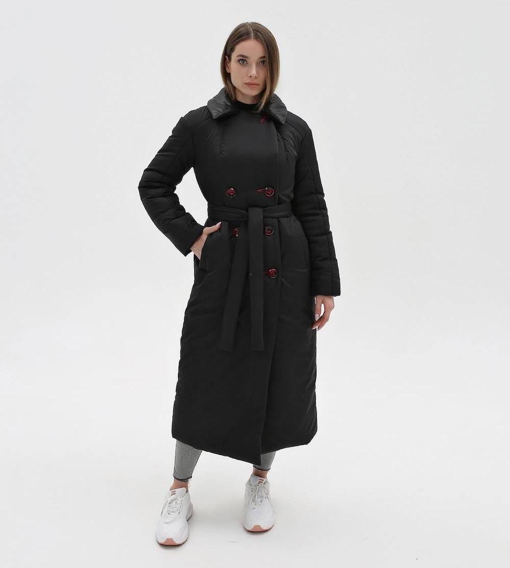 Black Puffy Coat for Women, Maxi Long Winter Jacket, Belted Warm Outerwear Плащ - пуховик ПВ - 1308 Лаке Тон 21 + Тон 76 - FAVORITTI