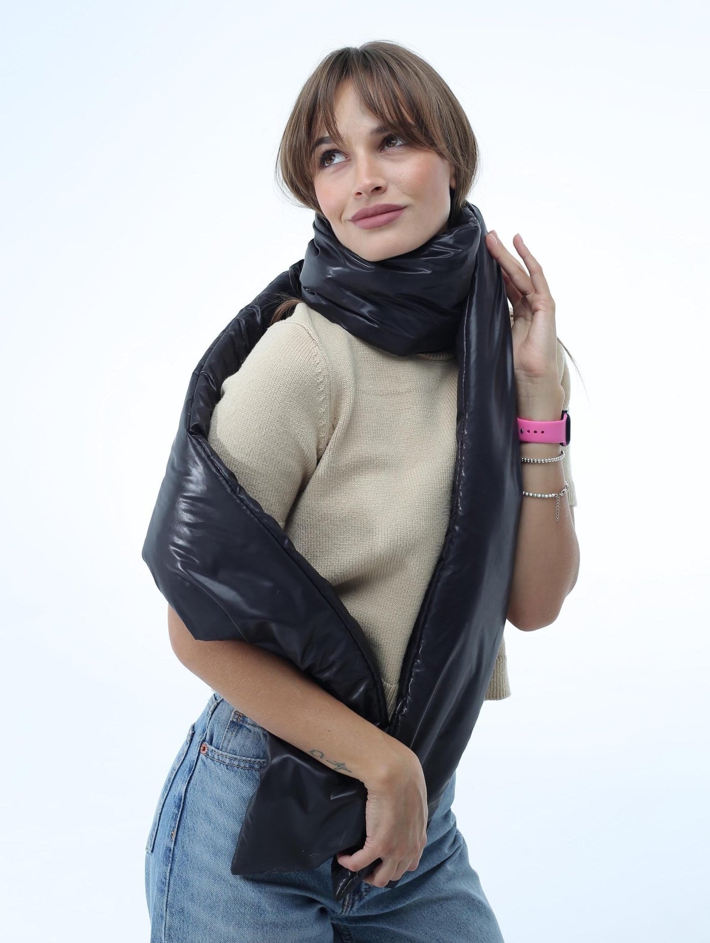 Black Women's Puffer Scarf 6x90in Windproof Insulated Winter Essential - FAVORITTI