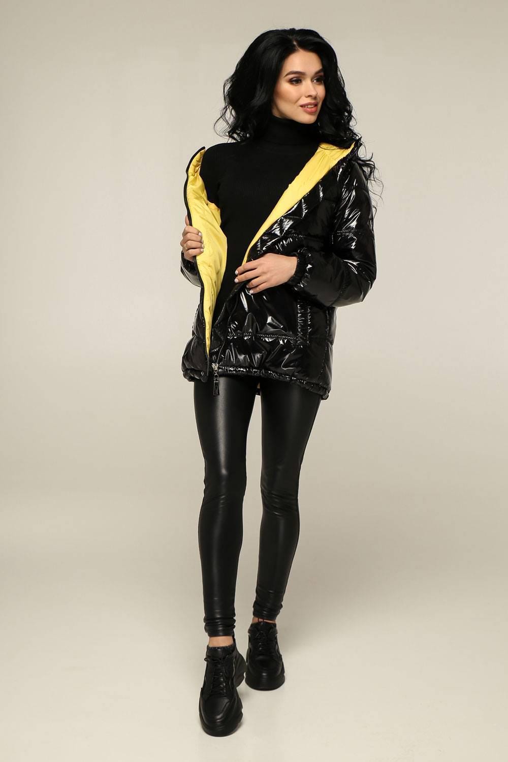 Black Yellow Puffer Jacket Women Puffy Hooded Coat Waterproof and Windproof Куртка В - 1237 Лак Тон 16 + Тон 15 - FAVORITTI