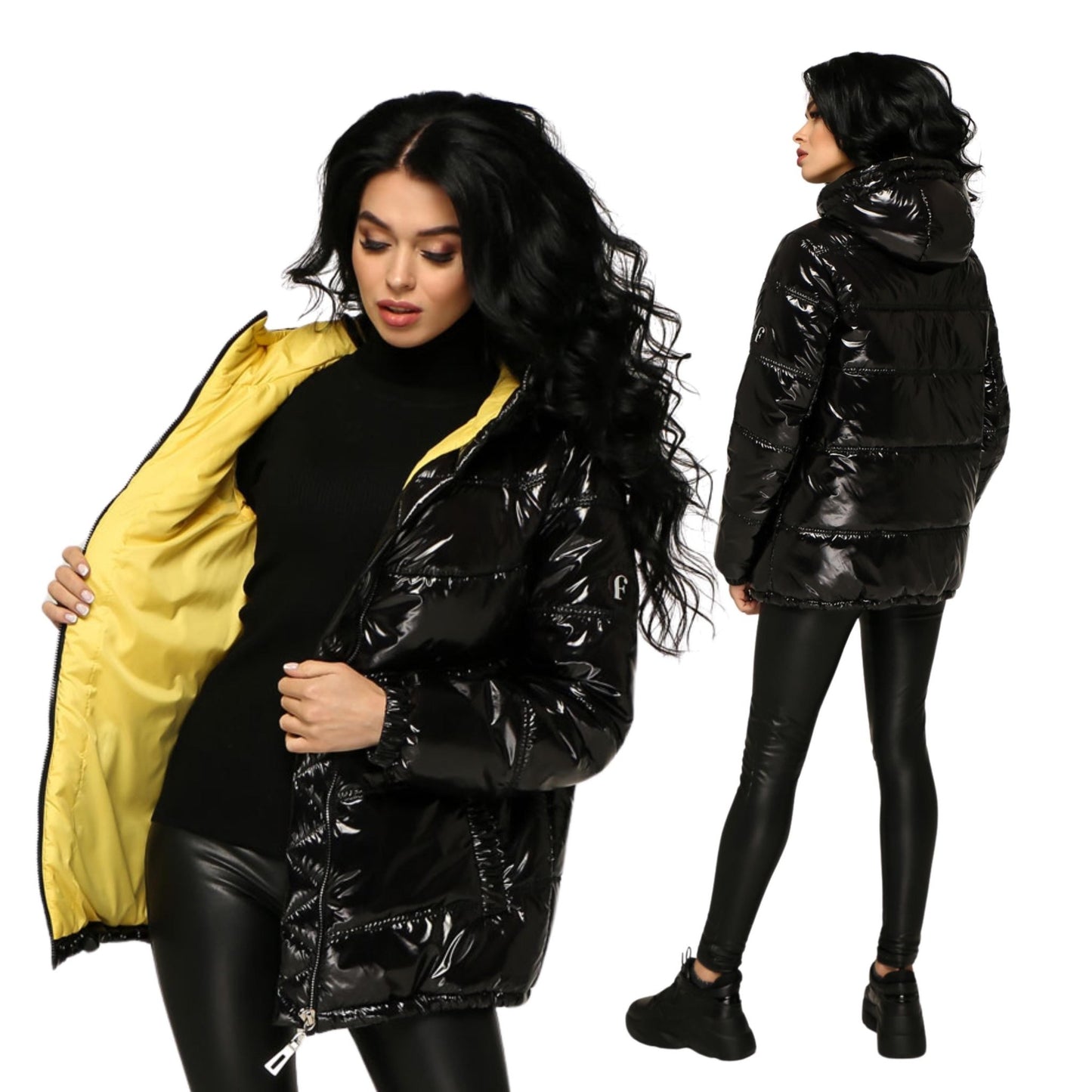 Black Yellow Puffer Jacket Women Puffy Hooded Coat Waterproof and Windproof Куртка В - 1237 Лак Тон 16 + Тон 15 - FAVORITTI