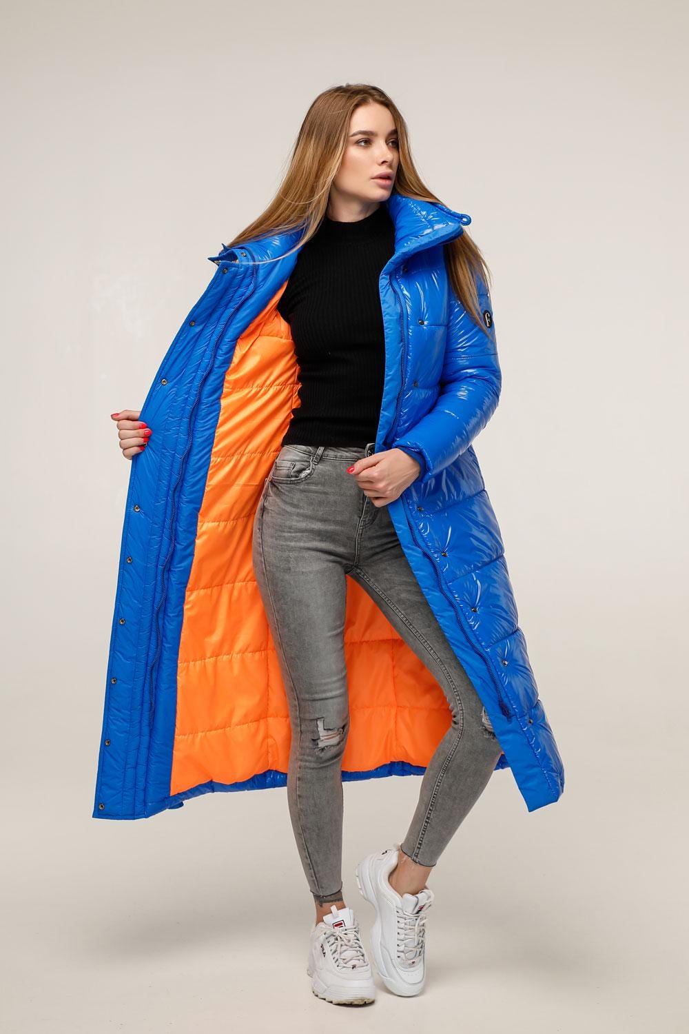 Blue Long Puffer Coat Warm Winter Clothing Пуховик ПВ - 1279 Лак Тон 113 - FAVORITTI