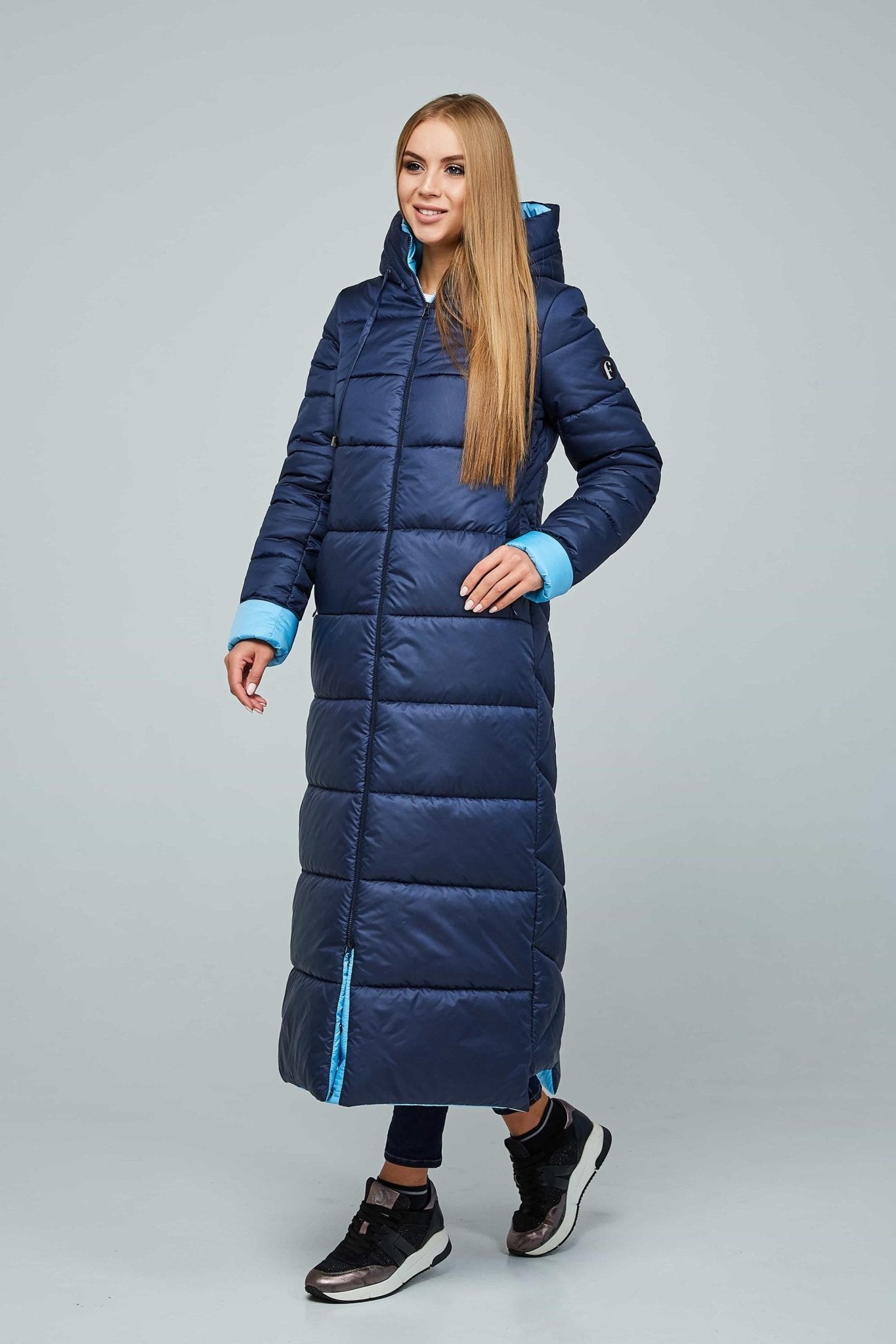 Blue Maxi Long Puffer Coat With Hood Women Waterproof and Windproof Winter Jacket Пуховик ПВ - 1202 Лаке Тон 18 + Тон 11 - FAVORITTI