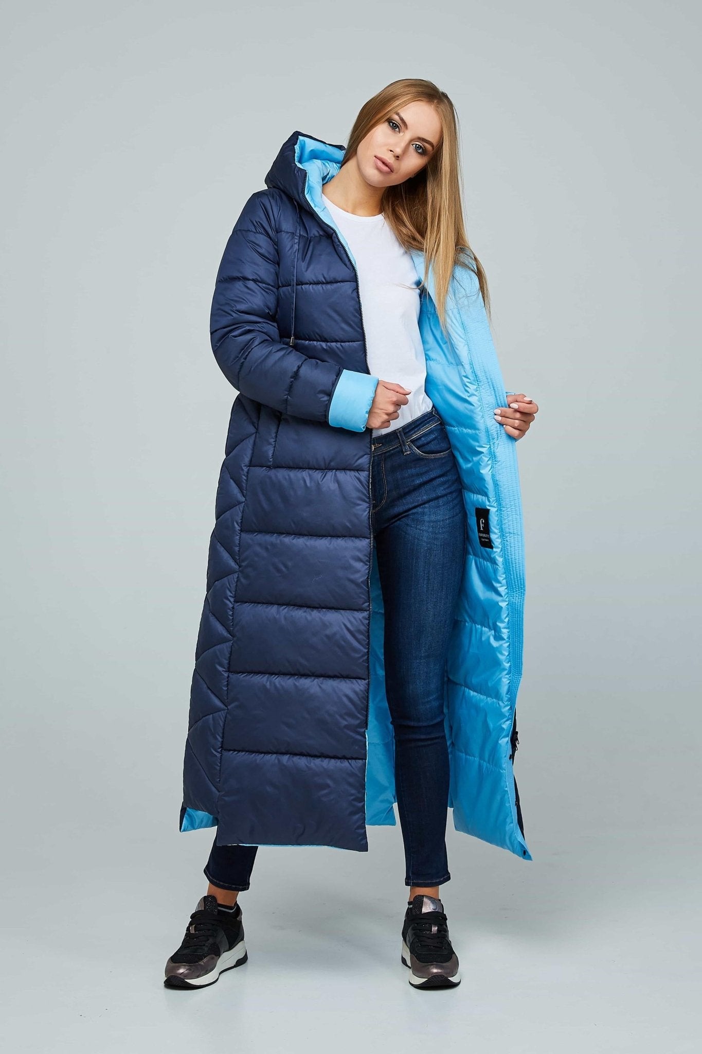Blue Maxi Long Puffer Coat With Hood Women Waterproof and Windproof Winter Jacket Пуховик ПВ - 1202 Лаке Тон 18 + Тон 11 - FAVORITTI
