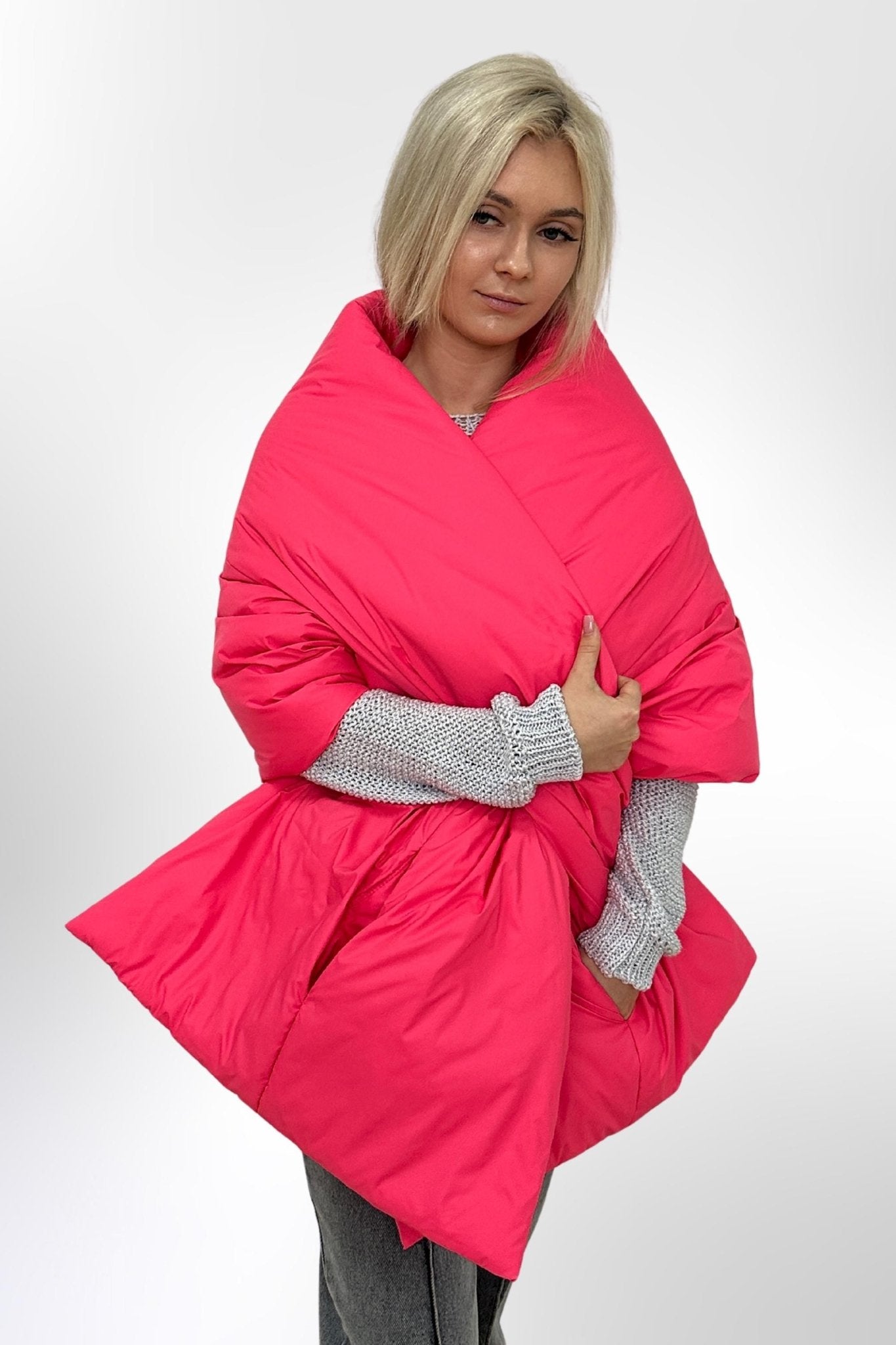 Coral Puffer Large Scarf 20x85in with 2 pockets Blanket Shawl Cape Around Shoulders Wrap Warm Winter Gift - FAVORITTI