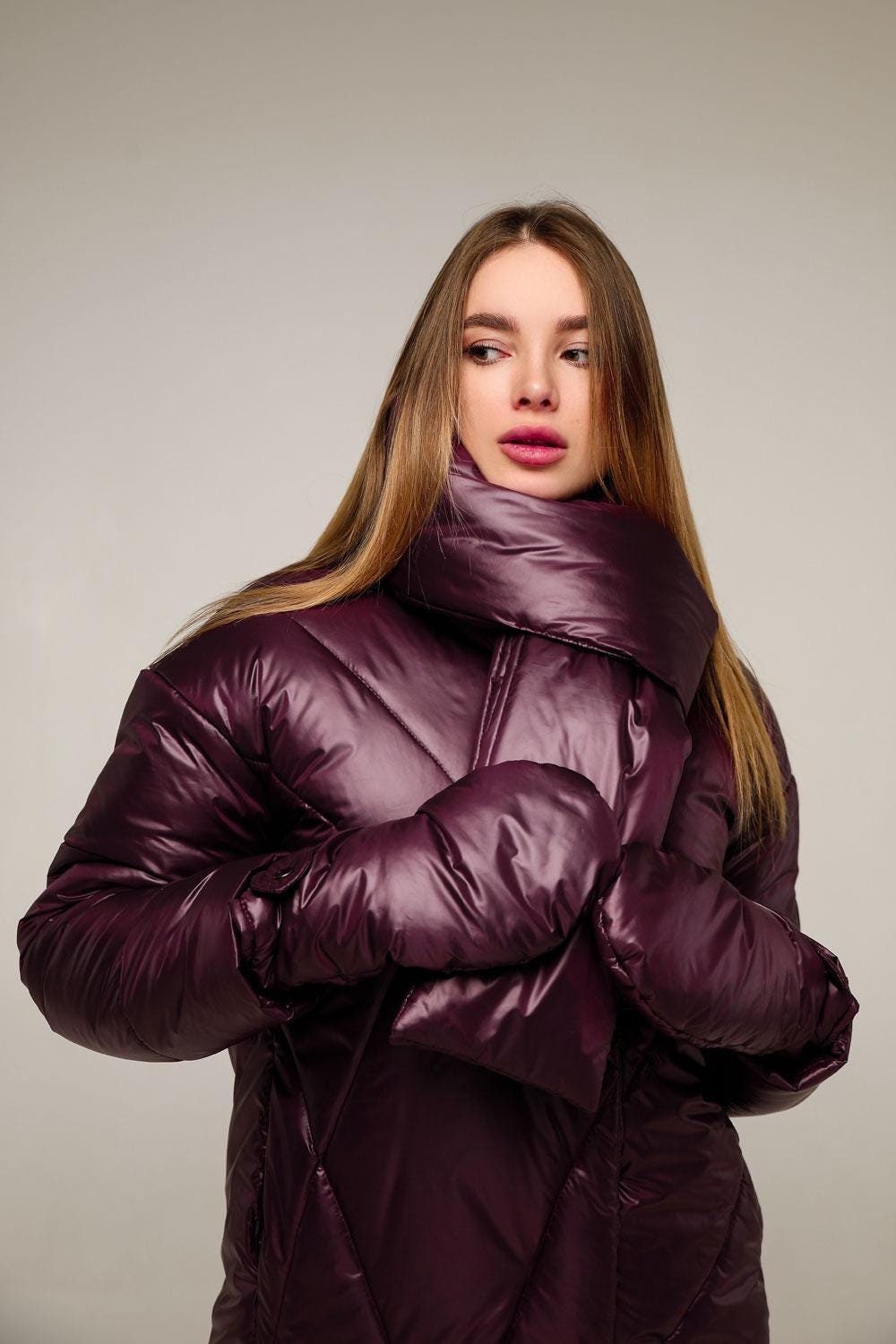 Dark Purple Puffer Jacket Women Winter Set 3 - pieces Down Jacket Scarf Mittens Puffy Coat Пуховик ПВ - 1291 Лаке Тон 51 - FAVORITTI