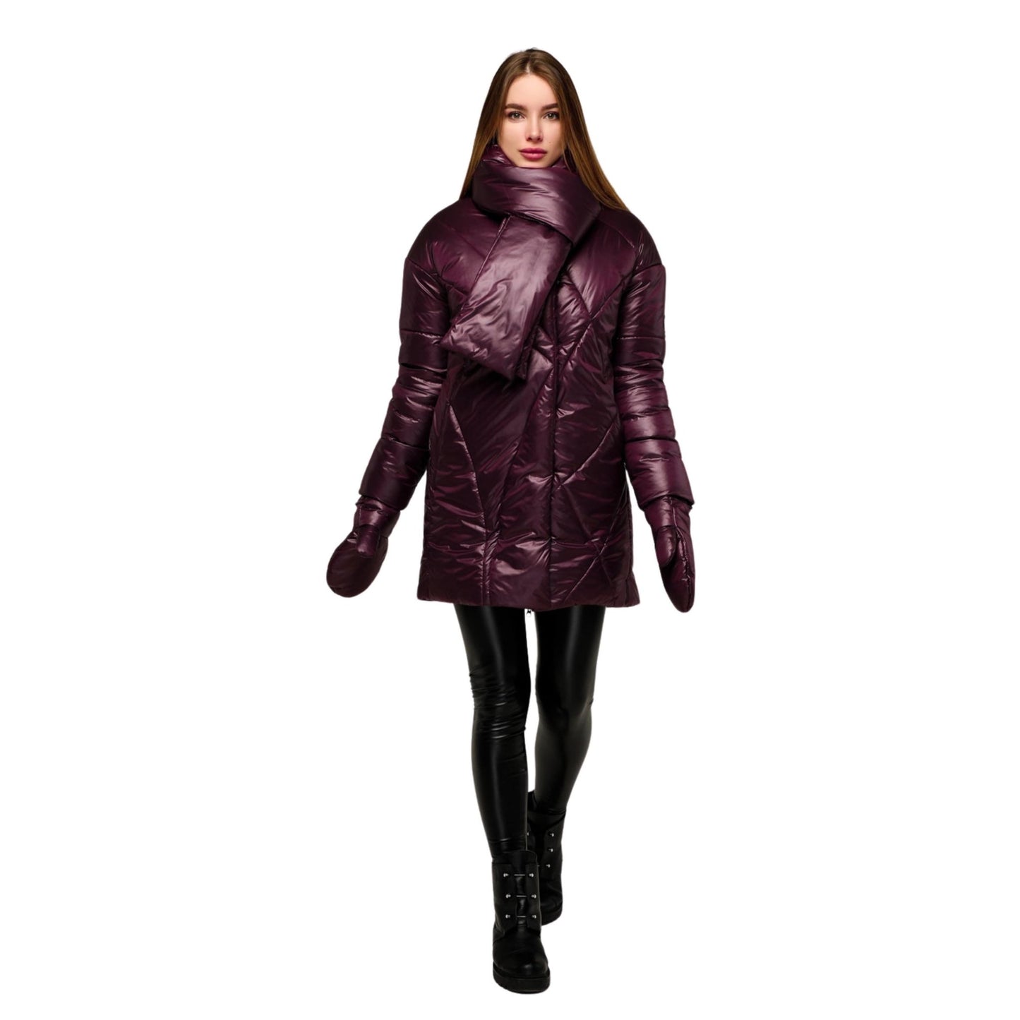 Dark Purple Puffer Jacket Women Winter Set 3 - pieces Down Jacket Scarf Mittens Puffy Coat Пуховик ПВ - 1291 Лаке Тон 51 - FAVORITTI