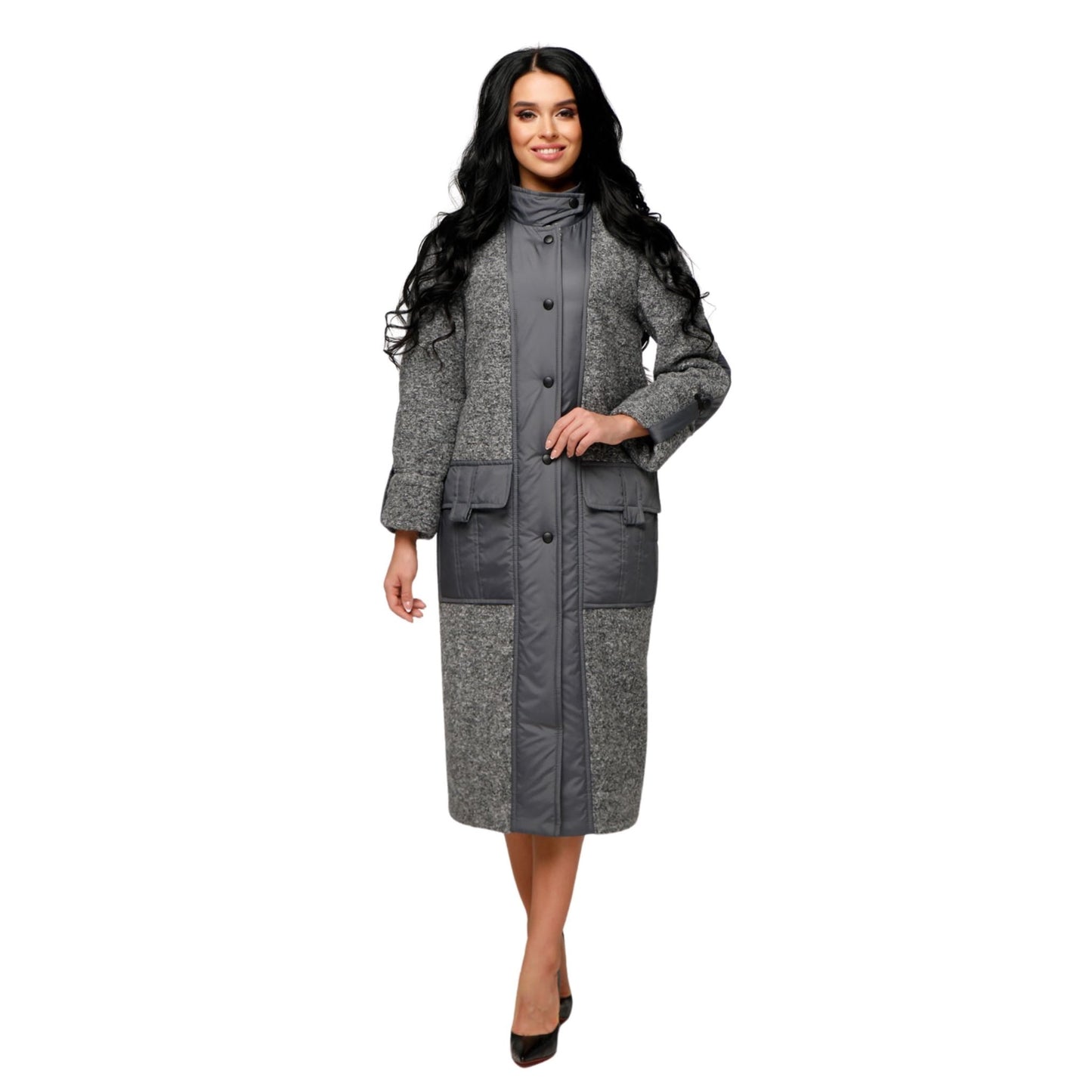 Gray Puffer Quilted Coat with Pockets for Women - Long Warm Jacket Пальто В - 1242 Art.6484 Teddy Bouclet Тон 1026 - FAVORITTI