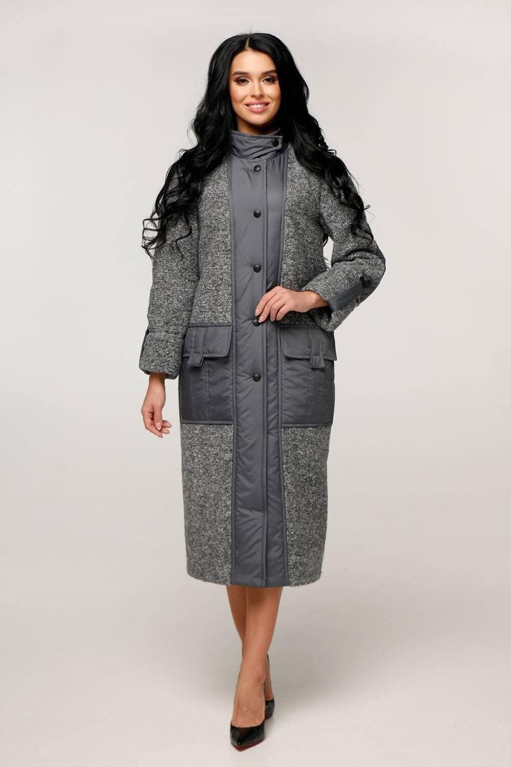 Gray Puffer Quilted Coat with Pockets for Women - Long Warm Jacket Пальто В - 1242 Art.6484 Teddy Bouclet Тон 1026 - FAVORITTI