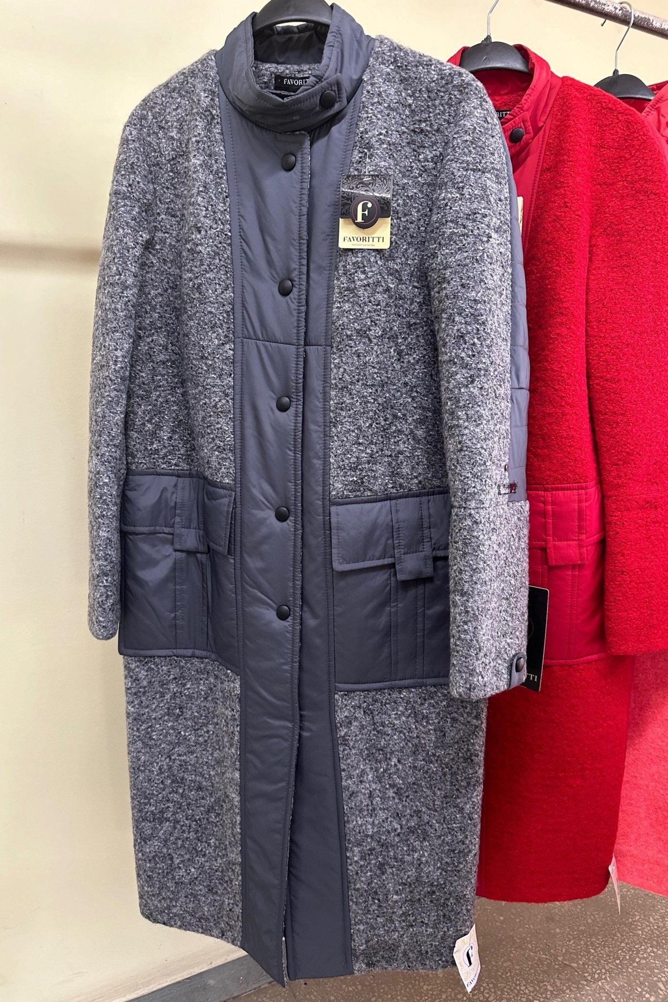 Gray Puffer Quilted Coat with Pockets for Women - Long Warm Jacket Пальто В - 1242 Art.6484 Teddy Bouclet Тон 1026 - FAVORITTI