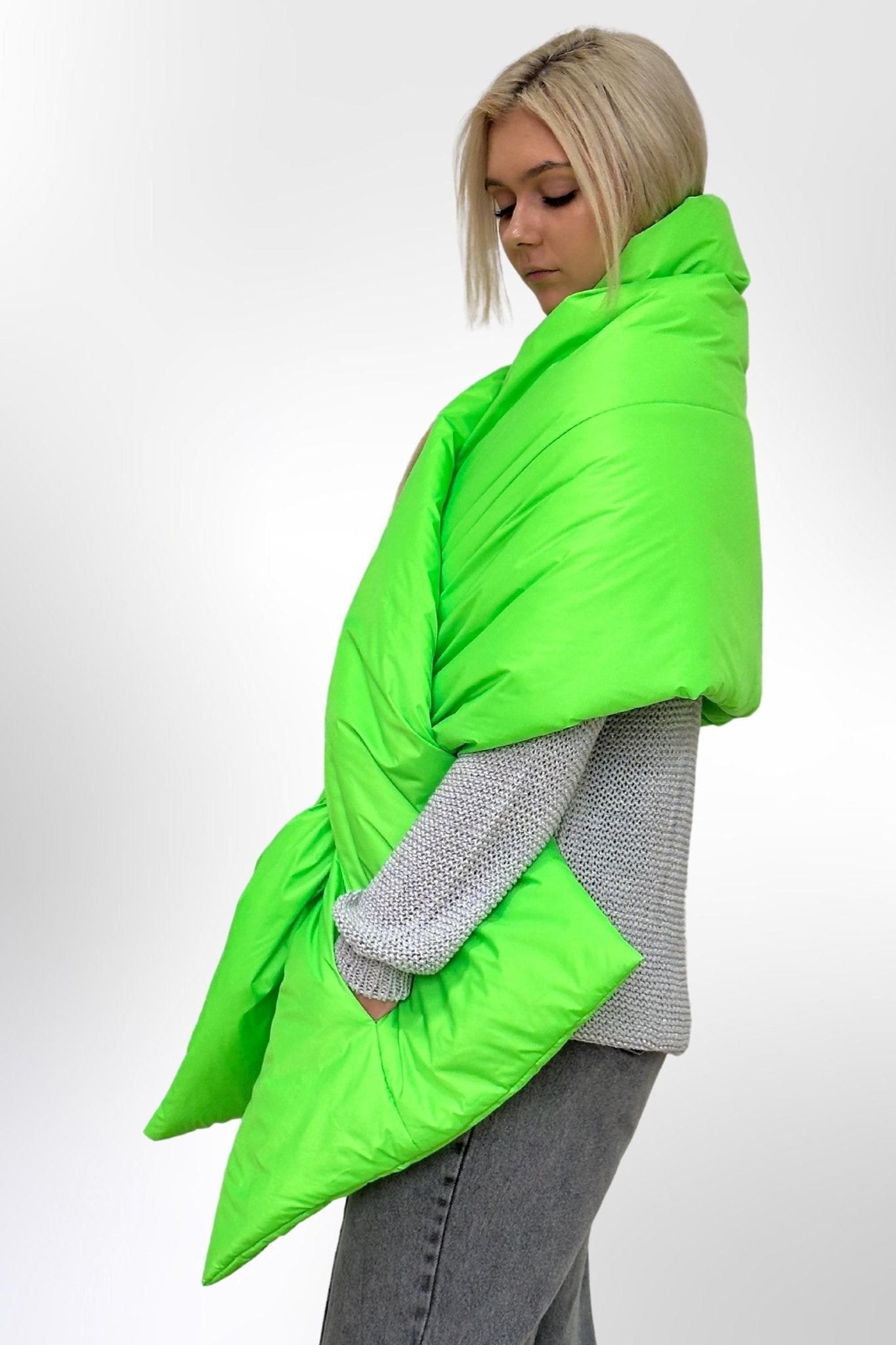 Hot Green Puffer Large Scarf 20x85in with 2 pockets Blanket Shawl Cape Around Shoulders Wrap Warm Winter Gift - FAVORITTI