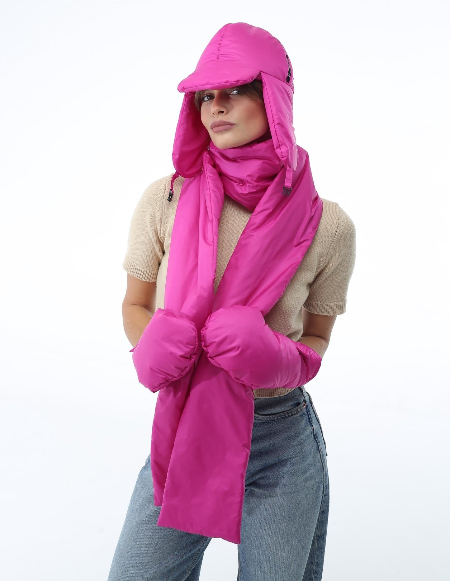 Hot Pink Women's 3 - Piece Puffer Set Scarf 6x90in Mittens Hat - FAVORITTI