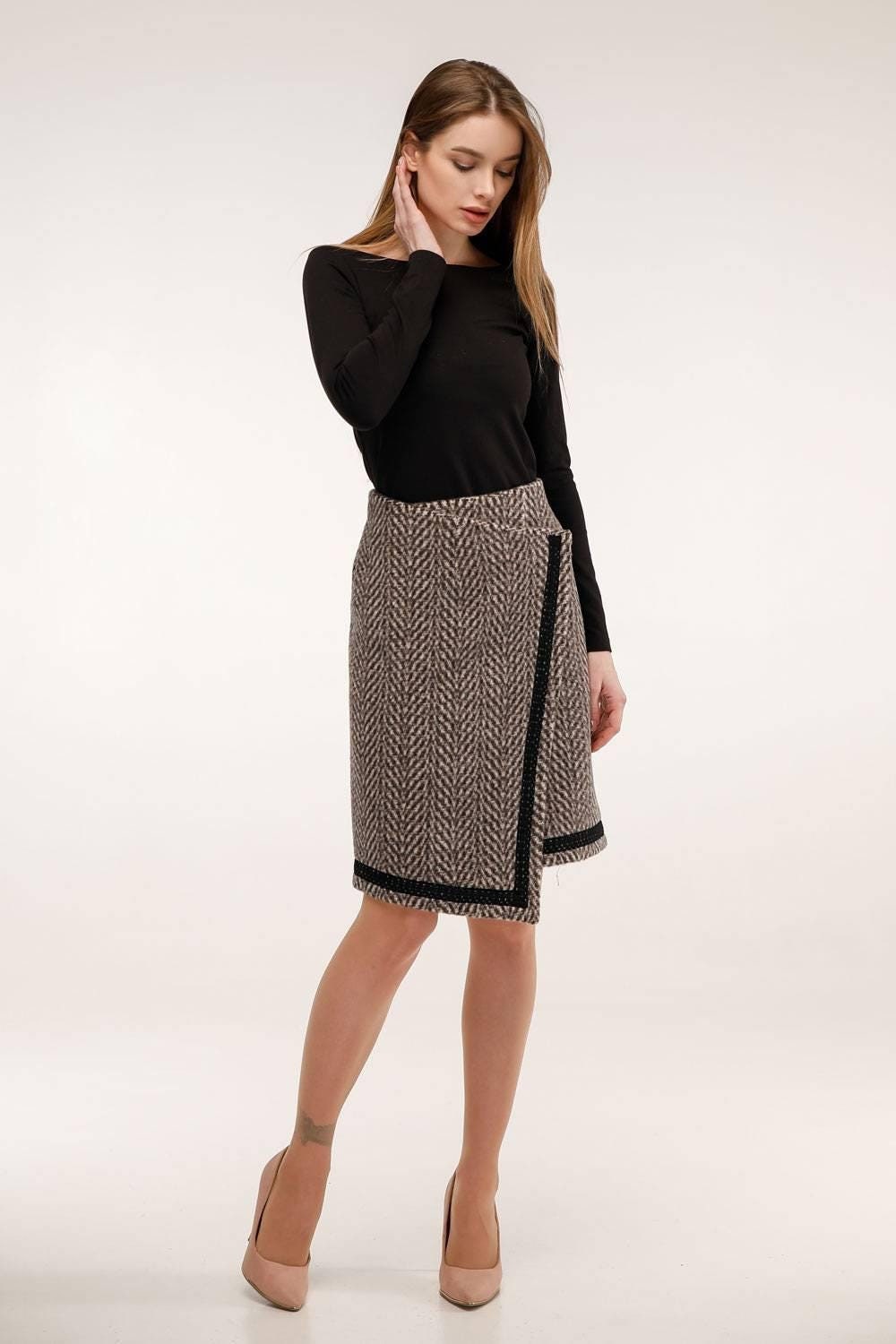 Wool Wrap Skirt A Line Asymmetric