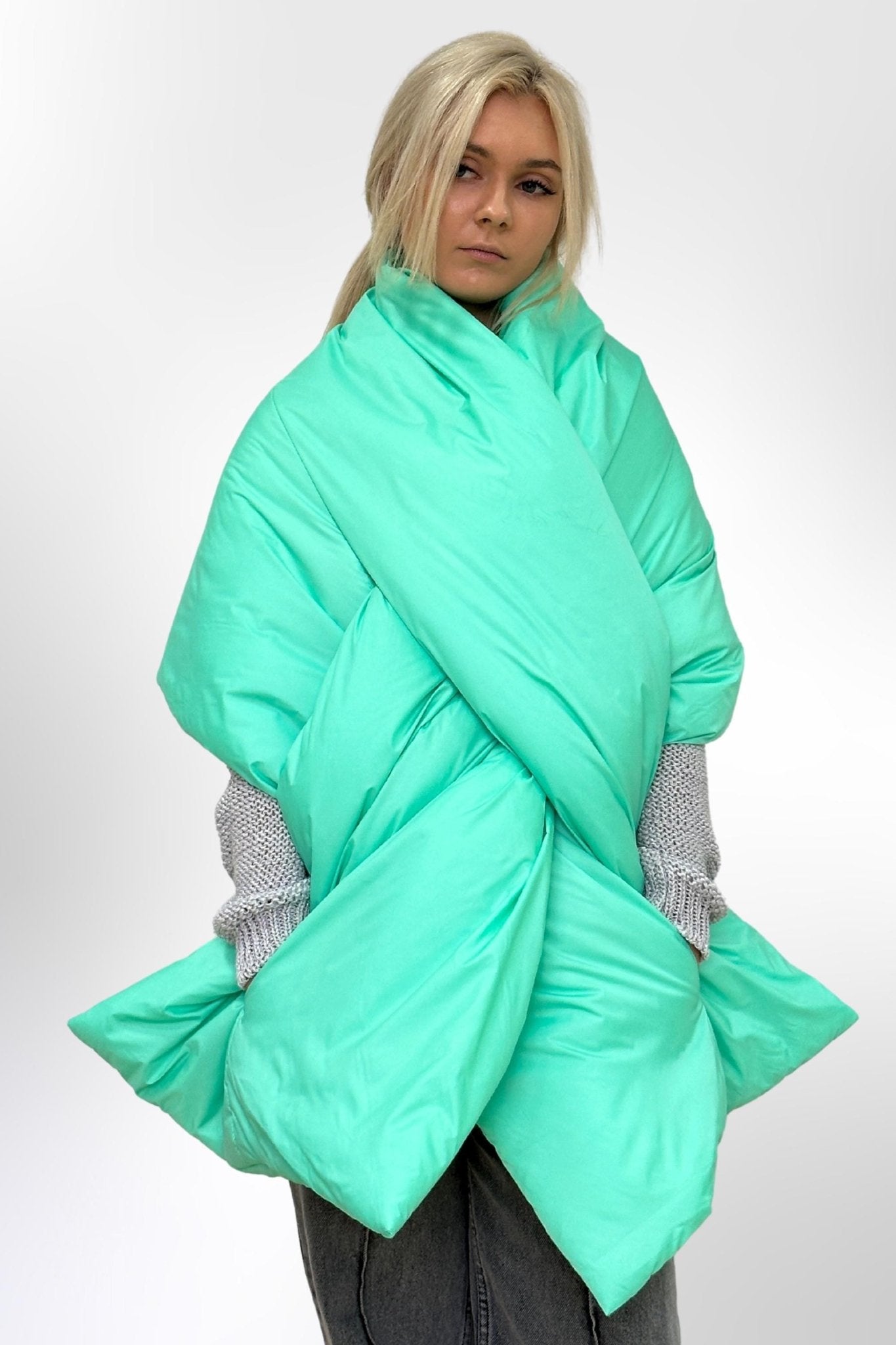 Light Green Puffer Large Scarf 20x85in with 2 pockets Blanket Shawl Cape Around Shoulders Wrap Warm Winter Gift - FAVORITTI