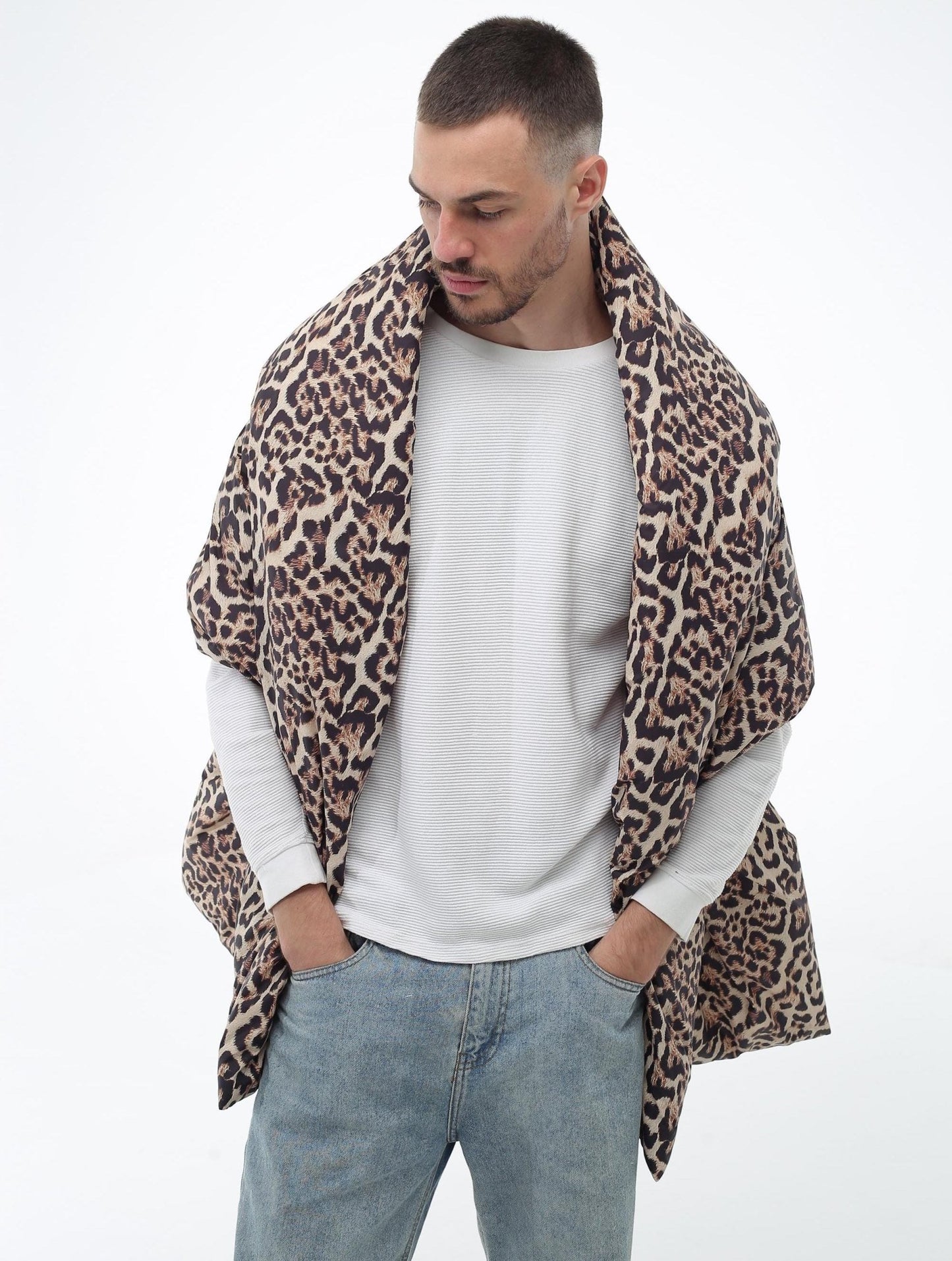 Men's Puffer Large Scarf 20x85in with 2 pockets Leopard Blanket Shawl Cape Around Shoulders Wrap Warm Winter Gift - FAVORITTI