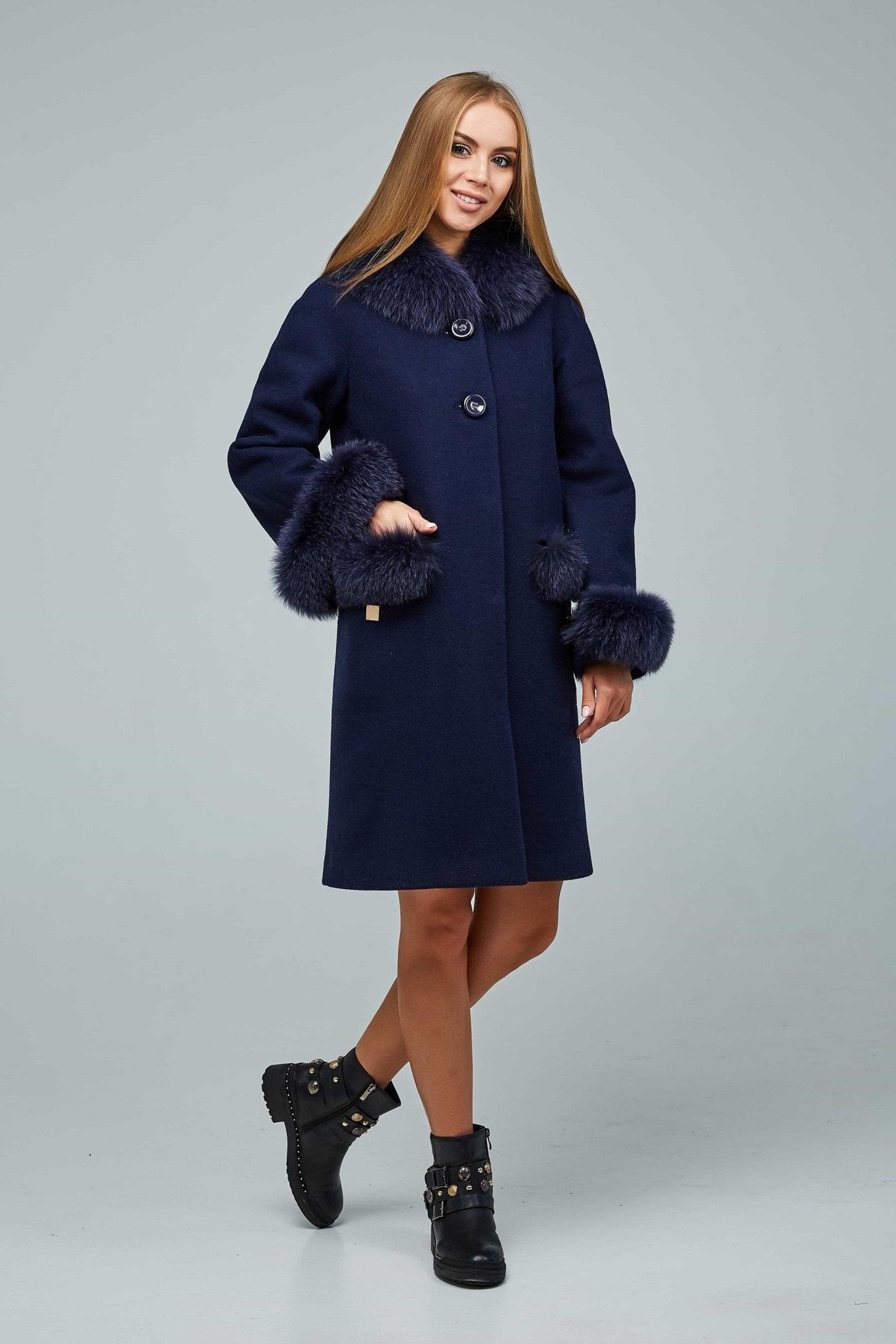 Navy Wool Coat Arctic Fox Fur Collar Cuffs Pockets Пальто П - 1205 н/м Шерсть пальтовая 113 - 1712 Тон 16 - FAVORITTI