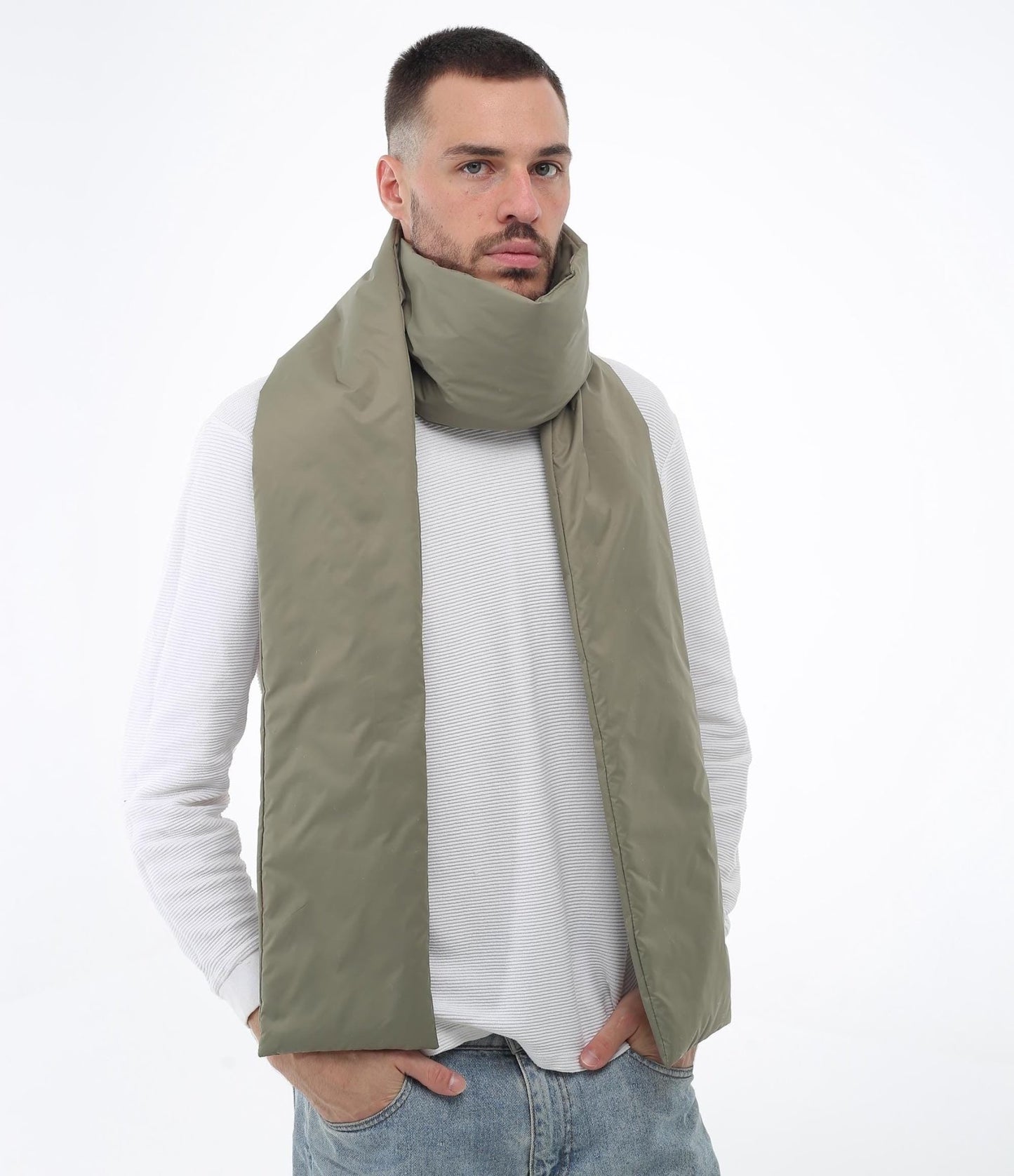 Olive Green Men's Puffer Scarf 6x90in Windproof Insulated Winter Essential - FAVORITTI
