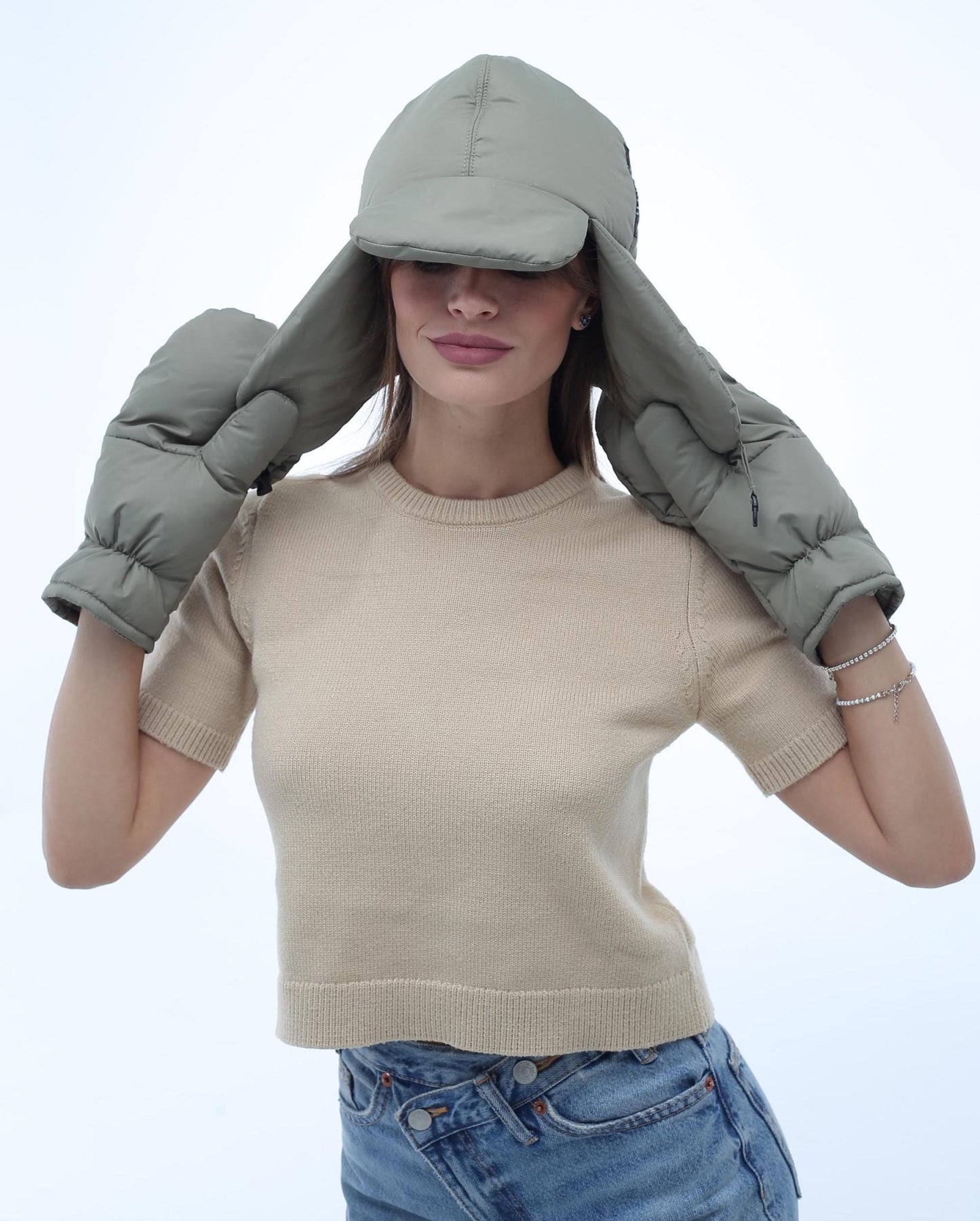 Olive Green Women's 3 - Piece Puffer Set Scarf 6x90in Mittens Hat - FAVORITTI