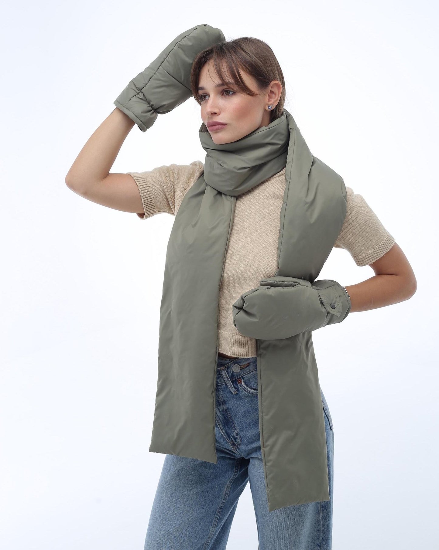Olive Green Women's Set Puffer Scarf 6x90in and Puffer Mittens - FAVORITTI