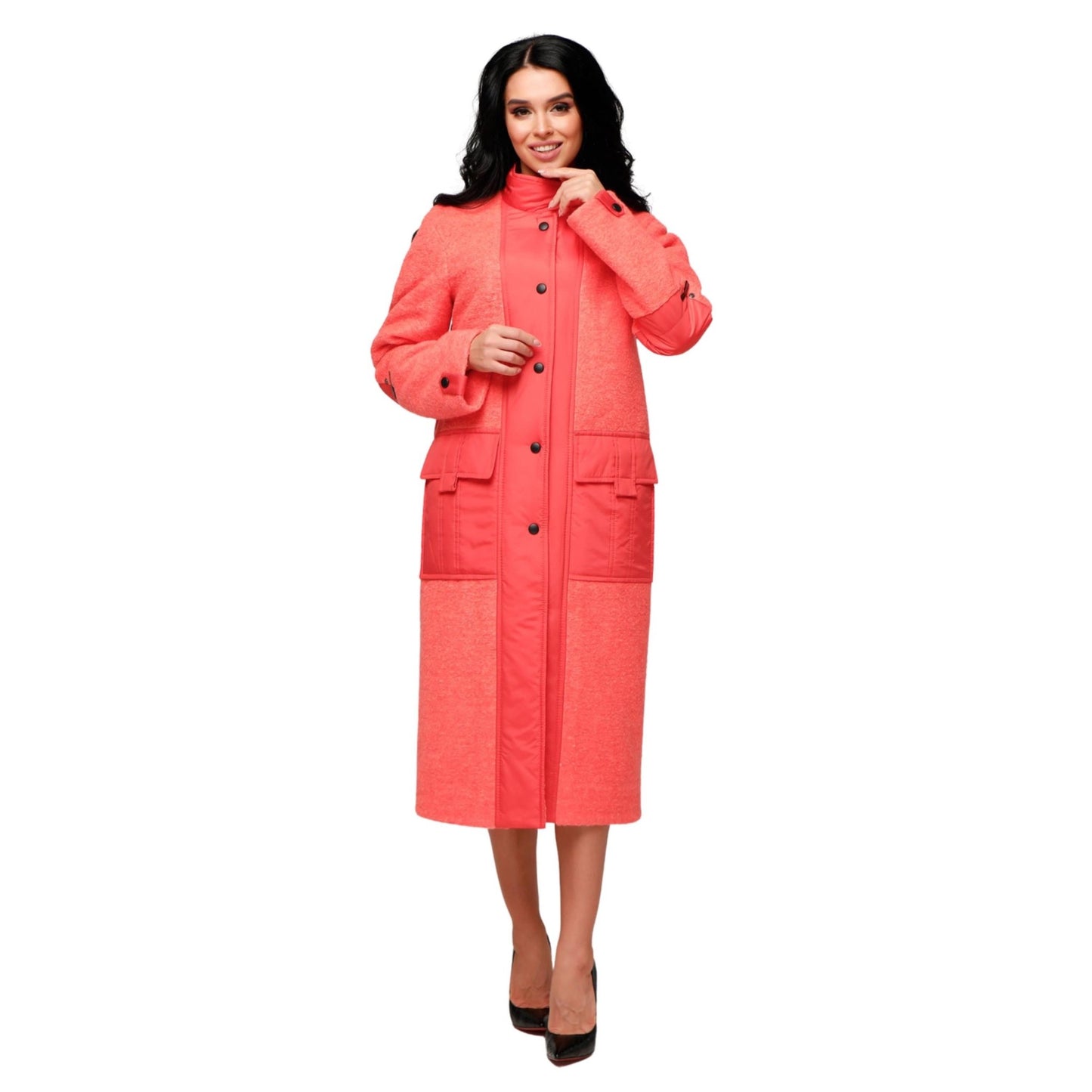 Orange Puffer Quilted Coat with Pockets for Women - Long Warm Jacket Пальто В - 1242 Art.6484 Teddy Bouclet Тон 1042 - FAVORITTI
