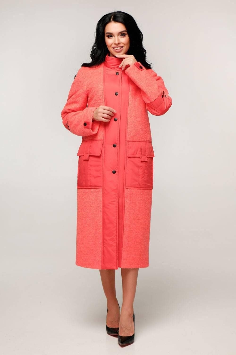 Orange Puffer Quilted Coat with Pockets for Women - Long Warm Jacket Пальто В - 1242 Art.6484 Teddy Bouclet Тон 1042 - FAVORITTI