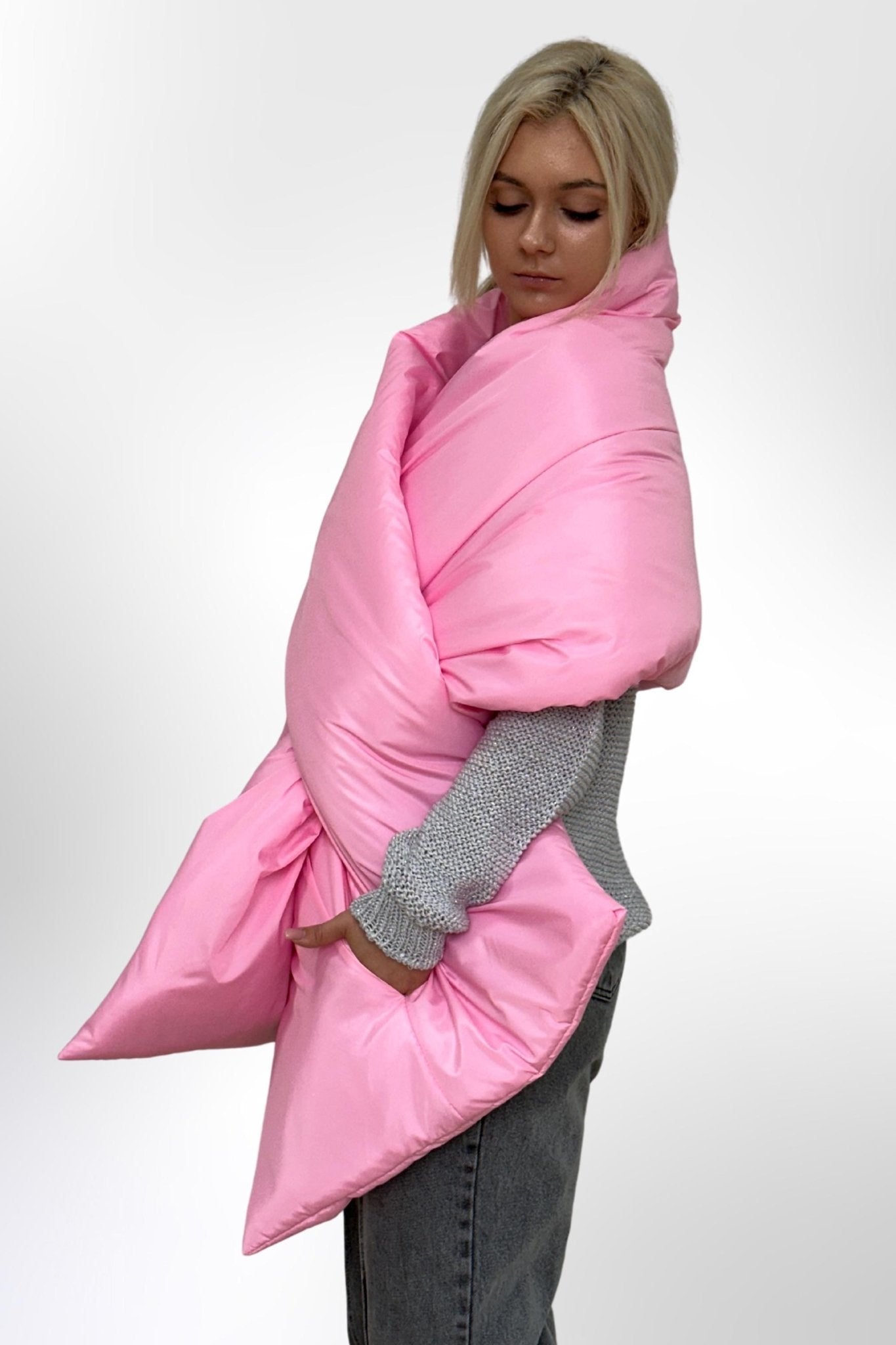 Pink Puffer Large Scarf 20x85in with 2 pockets Blanket Shawl Cape Around Shoulders Wrap Warm Winter Gift - FAVORITTI